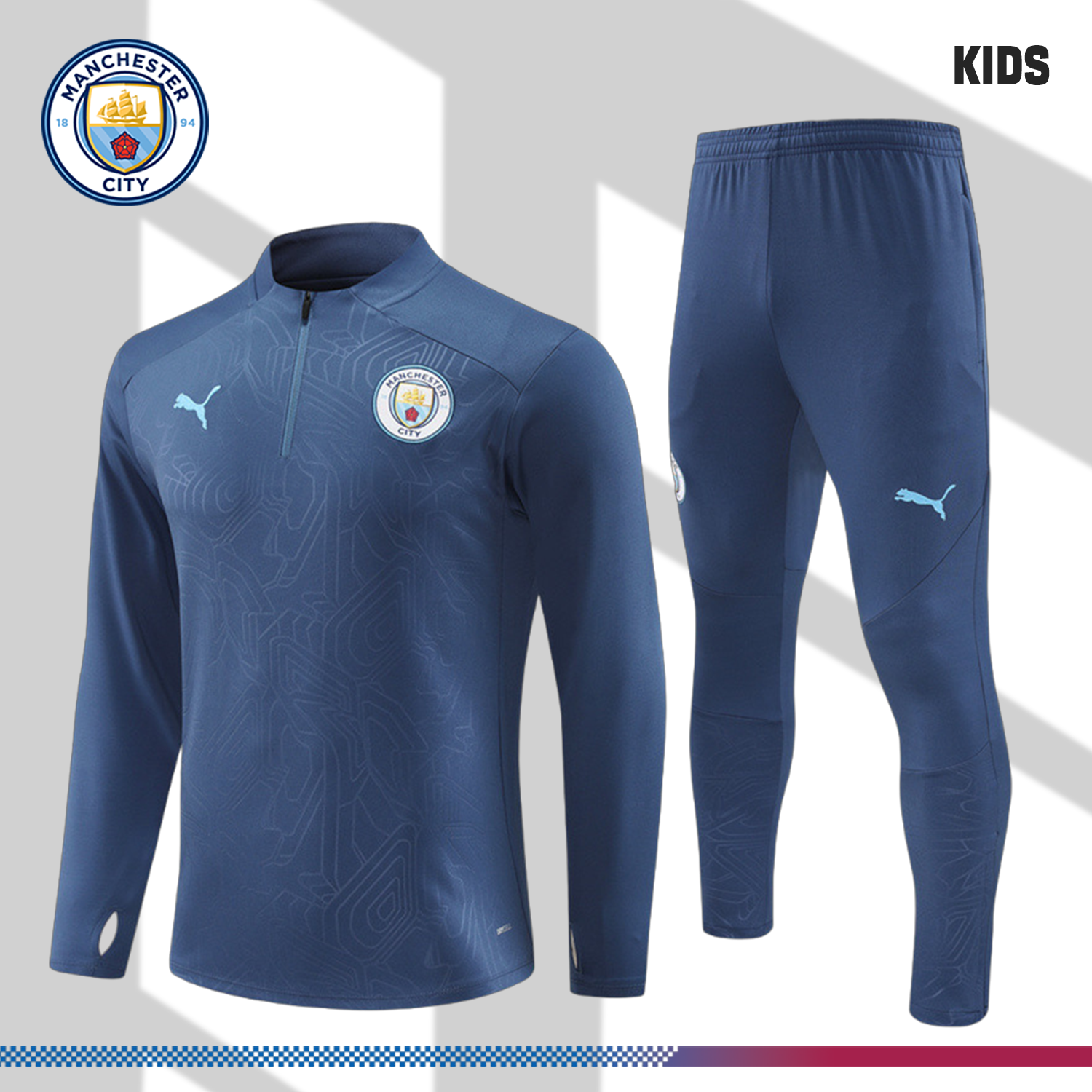 2024/2025 Manchester City Blue Kids Half Zip Training Clothes (Kids Kit)