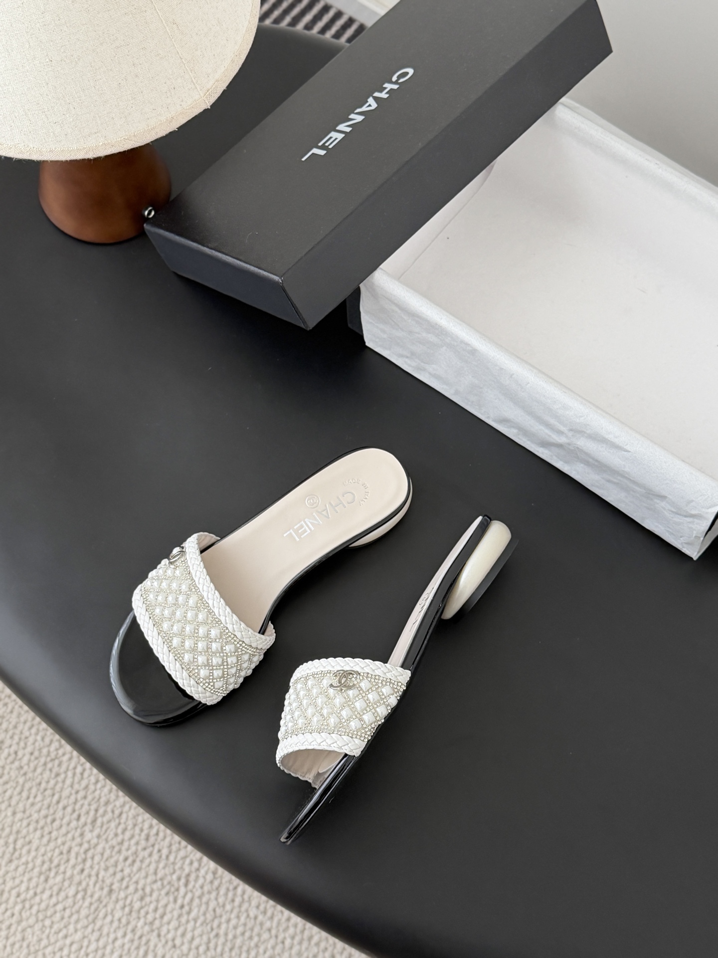 Chanel Pearl Embellished Pearl Flat / Heel Slide Sandals