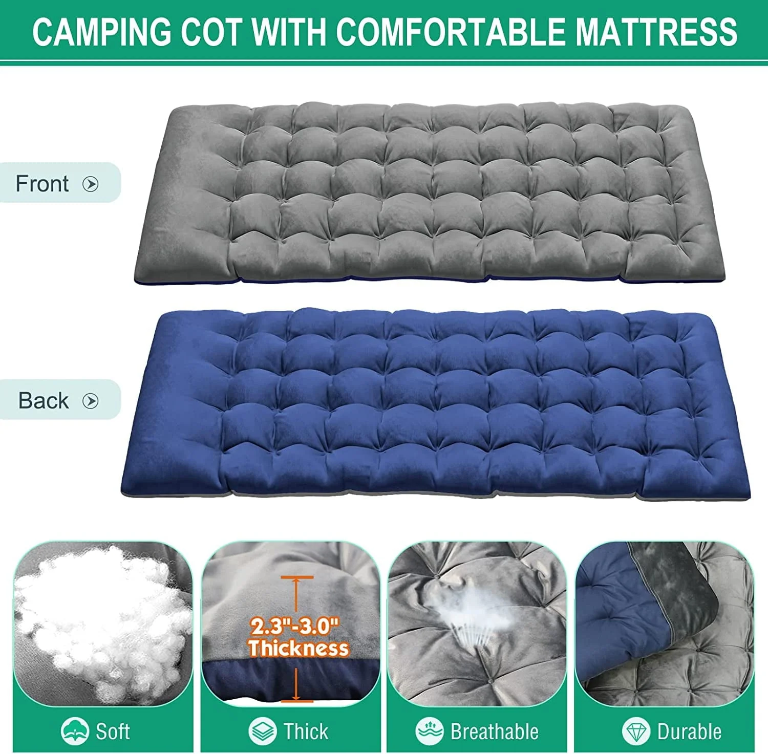 ABORON Folding Camping Cot with 2-Sided Pad & Pillow for Adults & Kids, Adjustable 5-Position Folding Lounge Chair, Folding Cot, Sleeping Cots Bed