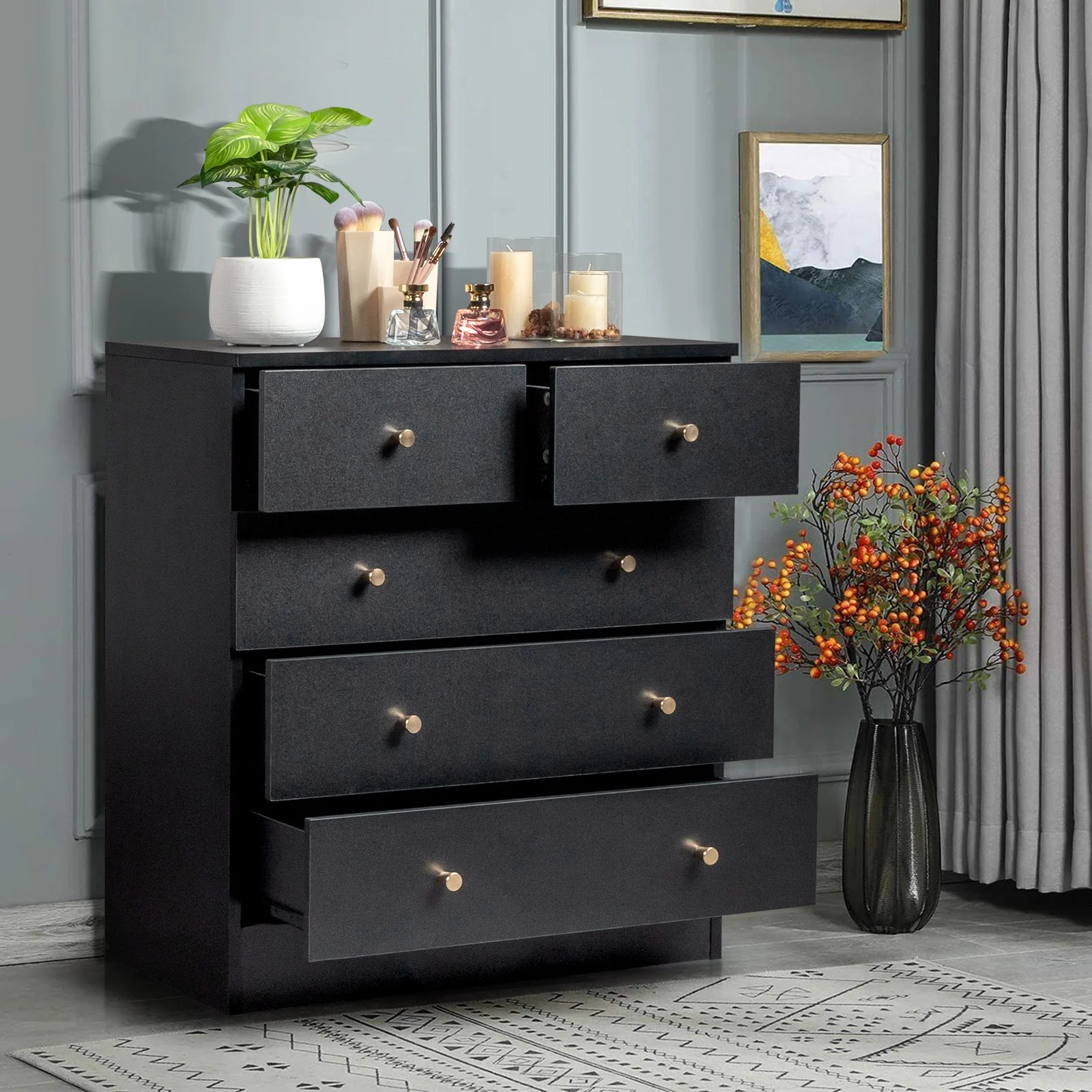 Zimtown 5 Drawers Dresser Chests, Wood Chest of Drawers, Dressers Organizer for Bedroom, Living Room,Hallway, Black