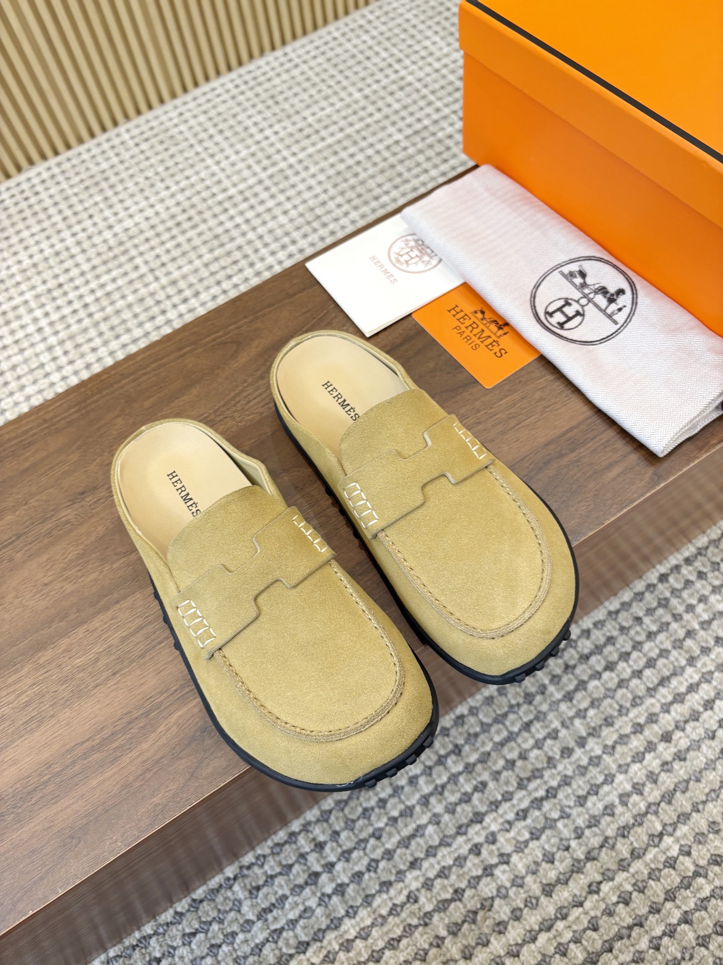 Hermès Beige Argile H Cut-Out Suede Leather Go Loafer Mules