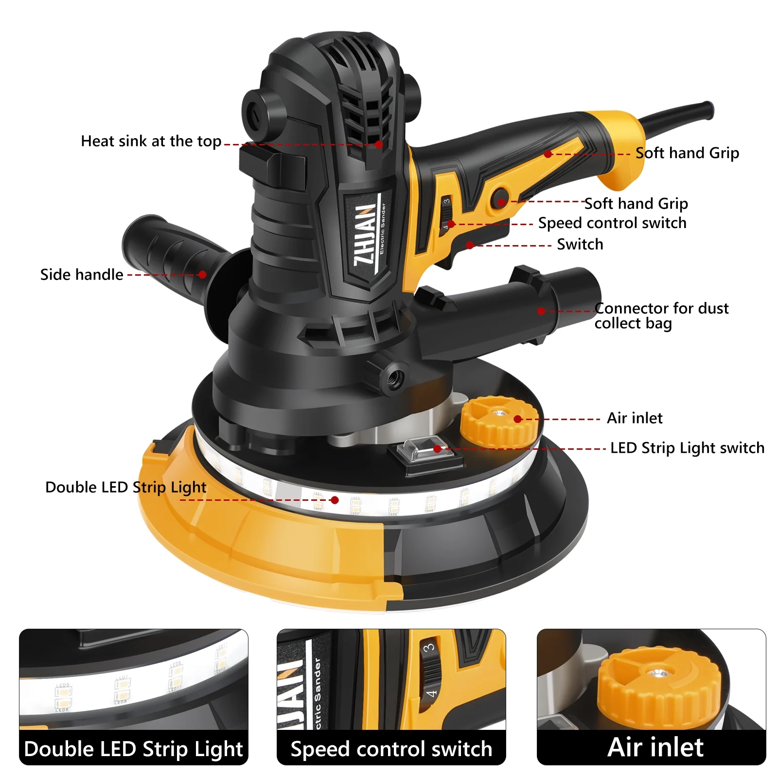 7" 900W Electric Drywall Sander with Vacuum & LED - 1400-2700RPM with 12 Discs