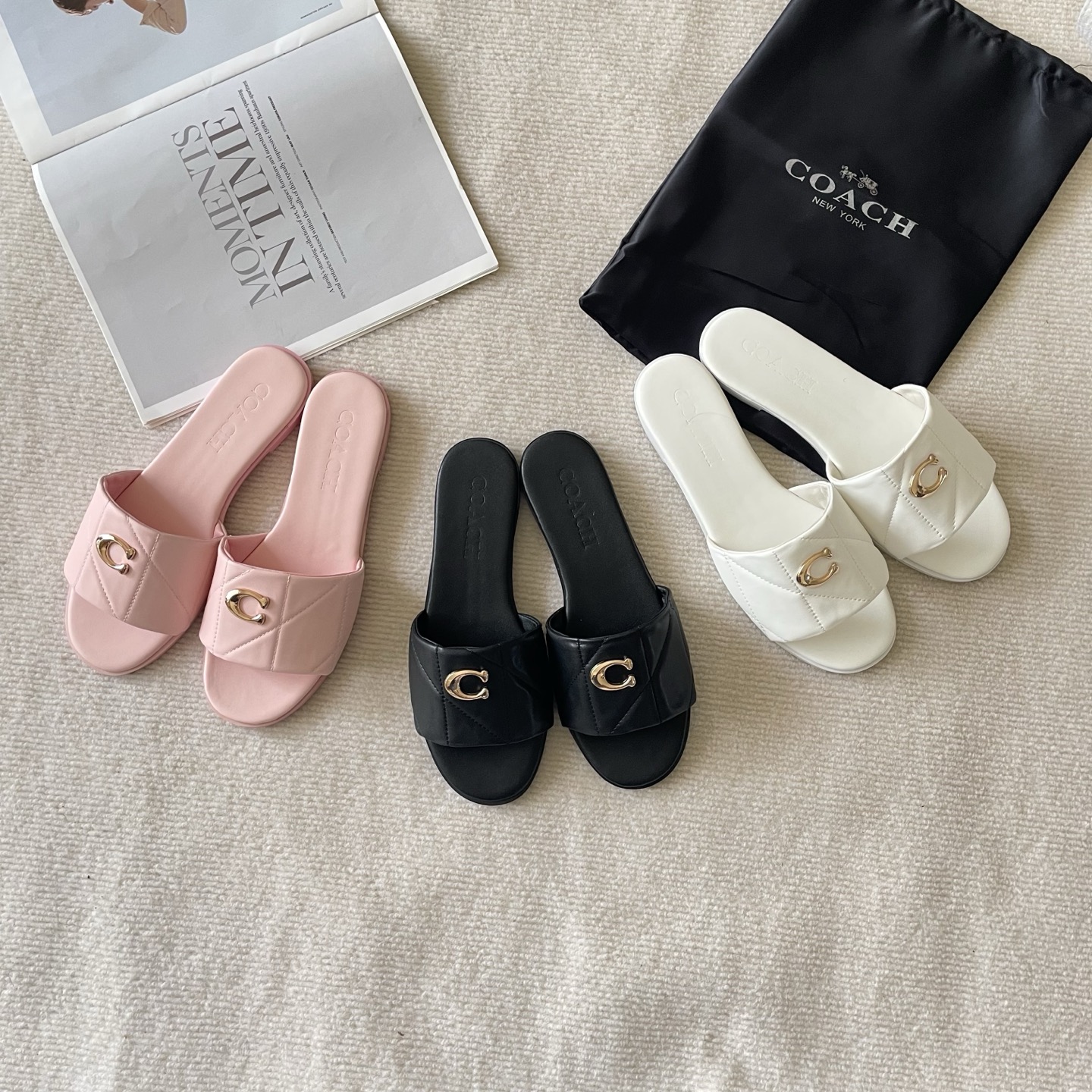 Coach Quilted Gold C Logo Flat Slides