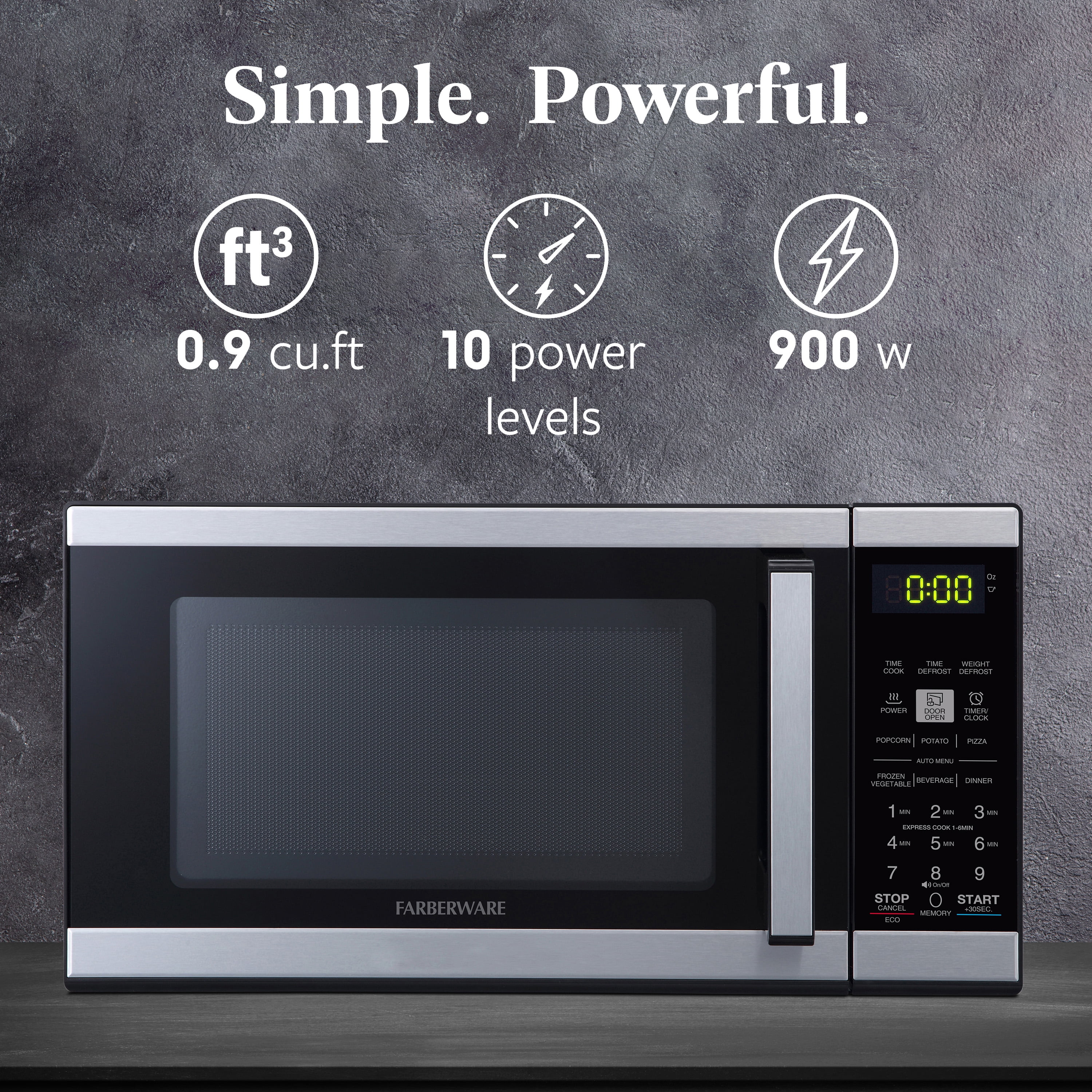 Farberware Countertop Microwave 900 Watts, .9 cu ft - Microwave Oven With Child Lock - Perfect for Apartments and Dorms - Easy Clean Grey Interior, Stainless Steel