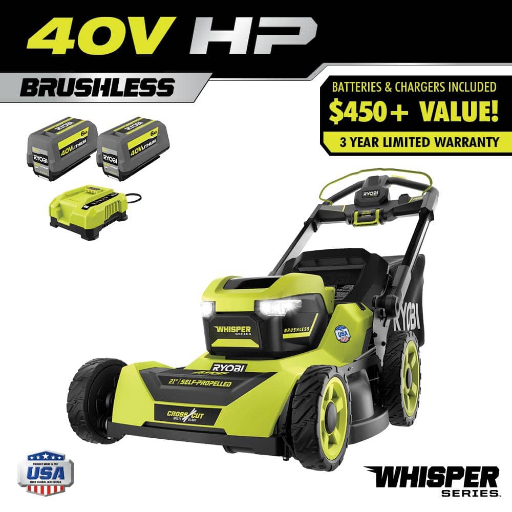 Ryobi 40V HP Brushless 21-in Self-Propelled AWD Lawn Mower – Whisper Series – Includes (2) 6.0Ah Batteries and Charger