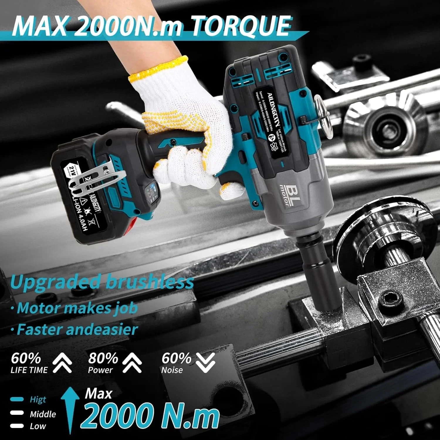 2000Nm(1500ft-lbs) Cordless Impact Wrench,3/4 inch High Torque Brushless Impact Gun, 5500RPM Power Batt ery Impact Wrench w/ 2 x 4.0Ah Bat tery, Fast Charger for Heavy Duty Truck Mower