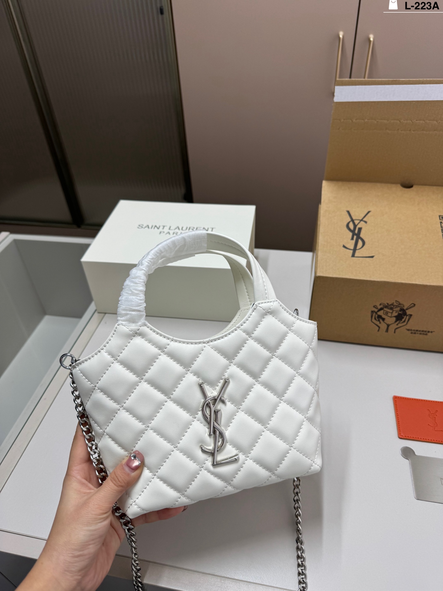YSL Icare Mini Monogram Quilted Leather Silver/Gold Logo Tote Bag With Pouch