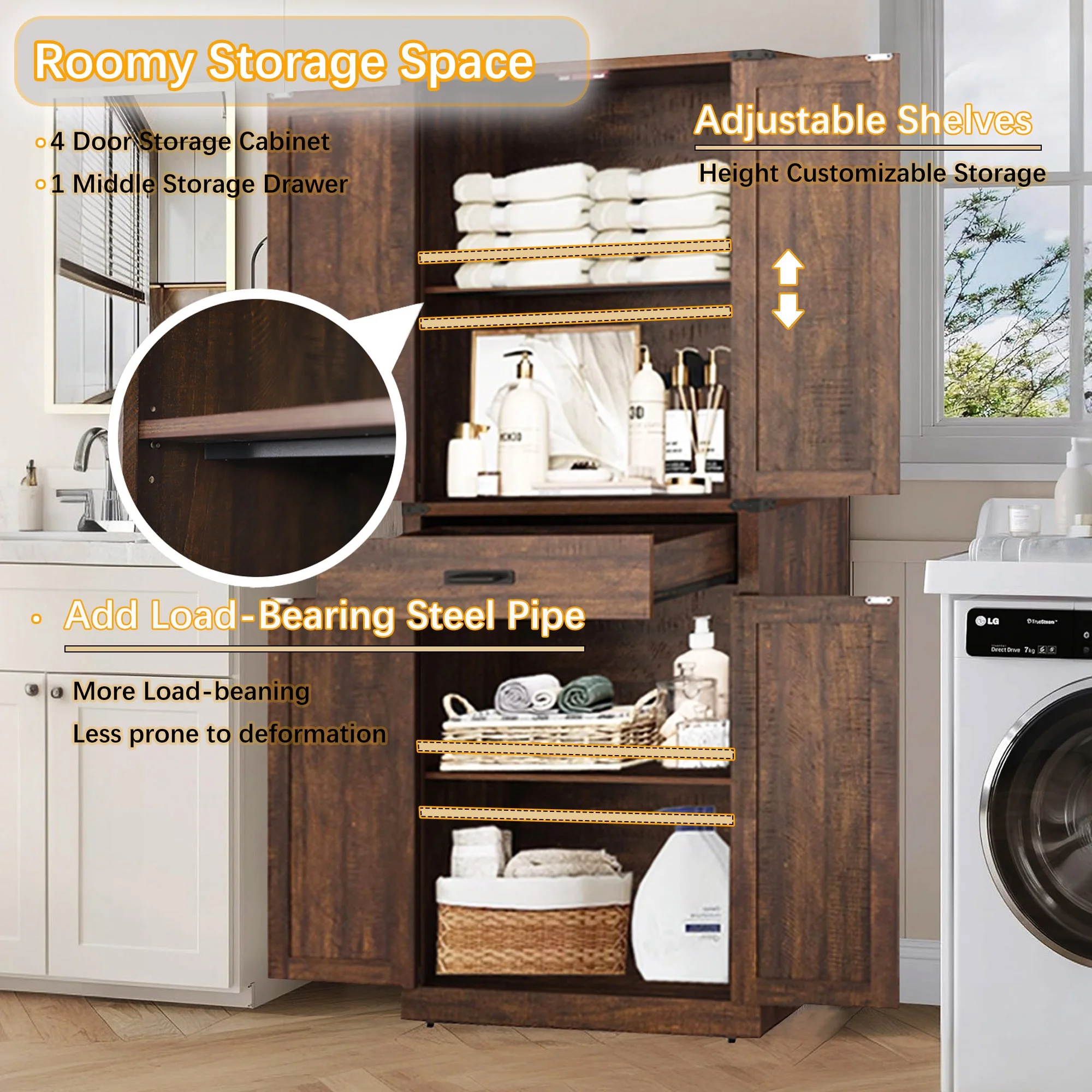 72.4'' Tall Bathroom Storage Cabinet with Drawer & 4 Storage Shelves, Rustic Farmhouse Linen Cabinet with Load-Bearing Steel Pipe & 4 Doors for Bedroom Living Room Kitchen Art/Craft Room