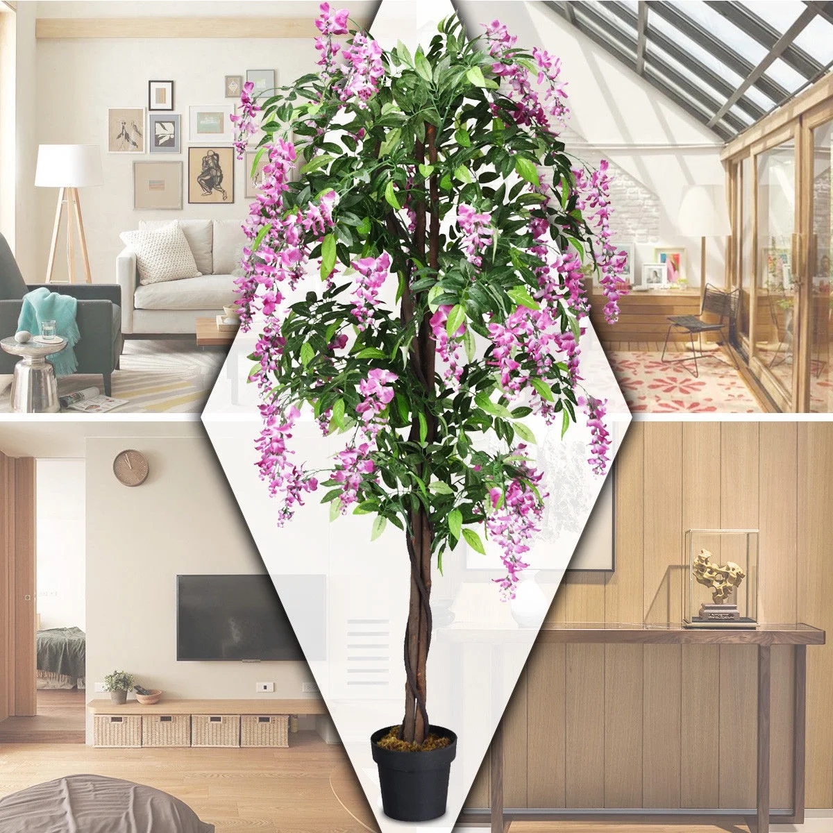 Gymax Artificial Wistera Silk Tree Pink Flower 6 Feet Home Holiday Decor