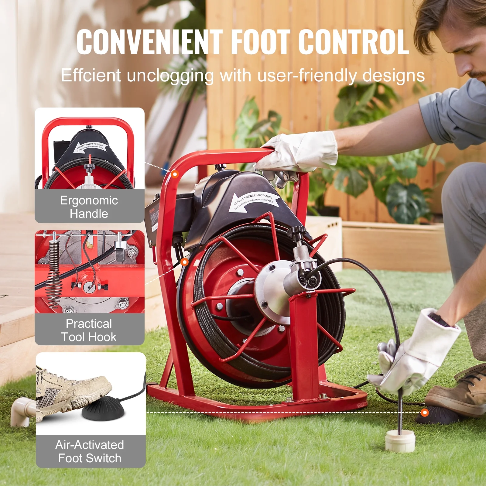 VEVOR Drain Cleaner Machine 50FT x 3/10 Inch, Auto Feed Sewer Snake Auger, Electric Drain Cleaning Machine with 4 Cutters & Air-activated Foot Switch for 2