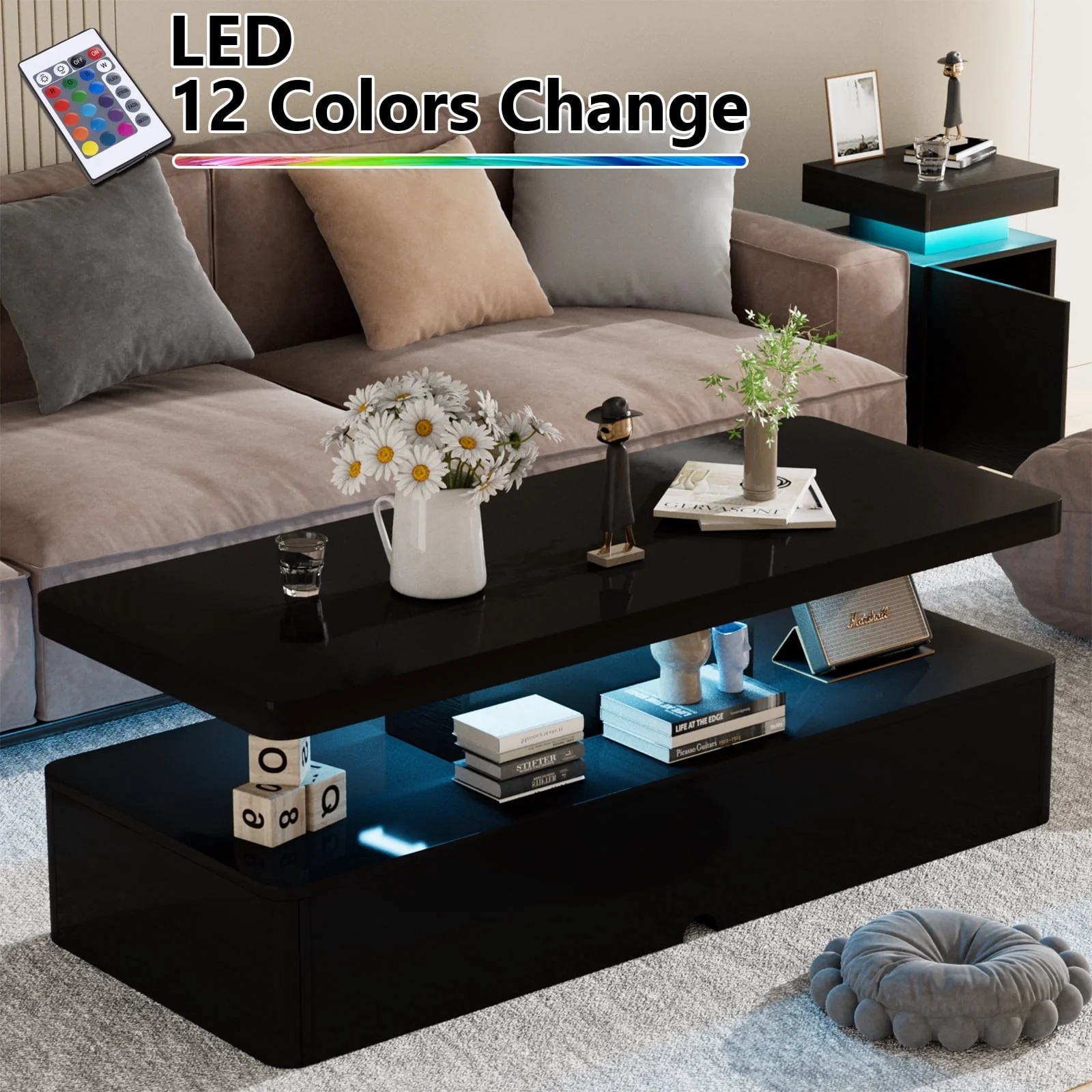 Oneinmil Modern Stylish Coffee Table with 12 Colors LED Lights, Double-Layer Design for Living Room, Black High Gloss Acrylic