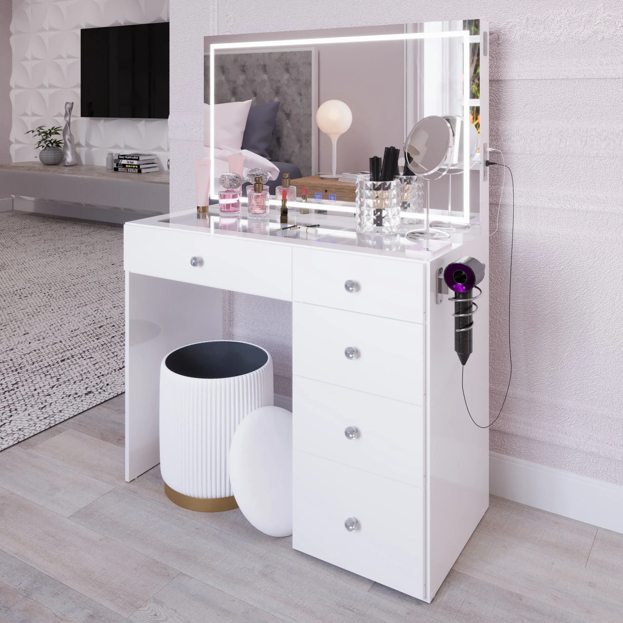 Boahaus Alana White Vanity Desk with LED Lighted Mirror, 5 Drawers, Jewelry Divider, Bluetooth Speakers, and Charging Station
