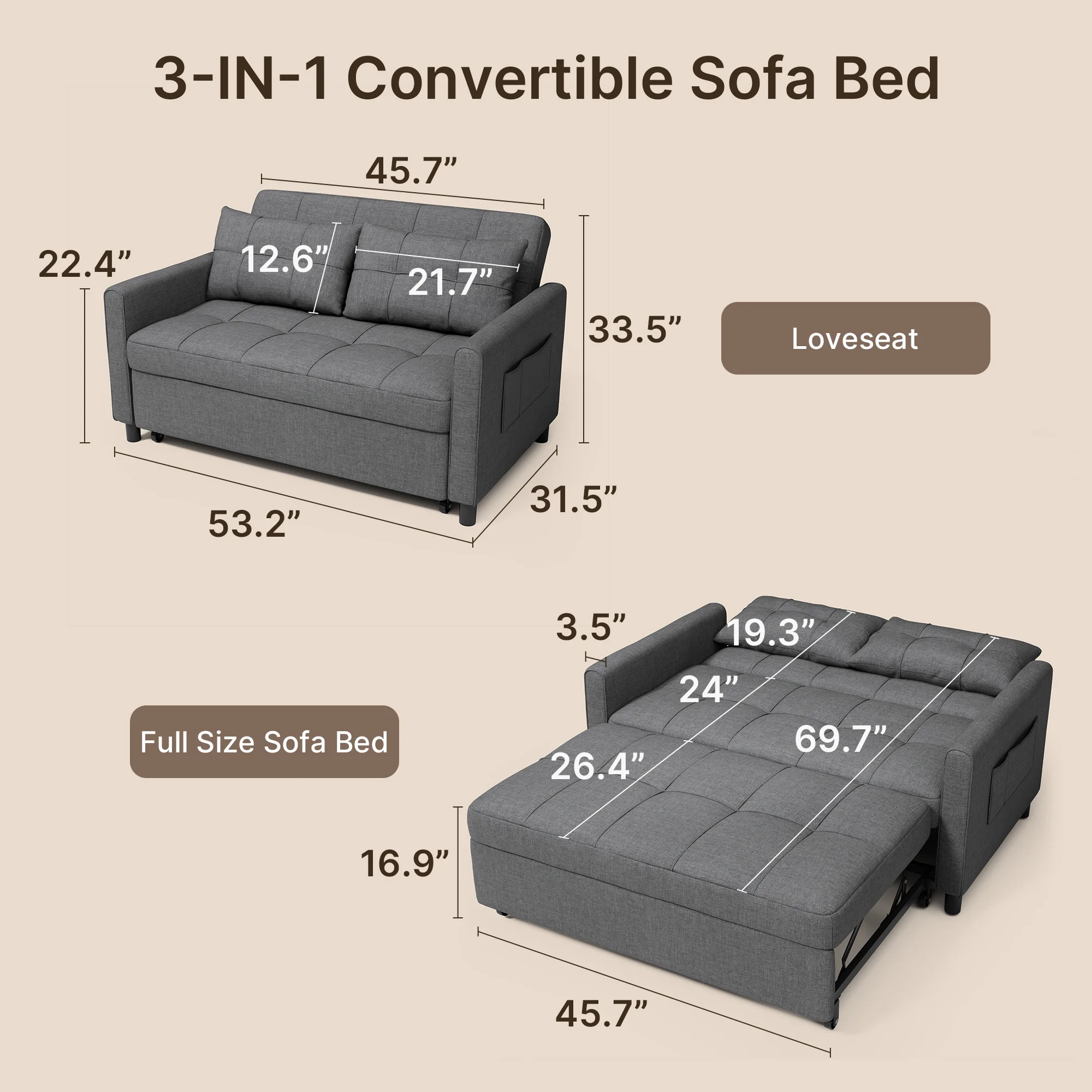 Sofa Bed, Lofka 3-in-1 Convertible Sleeper Sofa with Storage, Adjustable Backrest & Pull Out Function - Sleeper Chair for Small Space, Apartment, Dark Grey