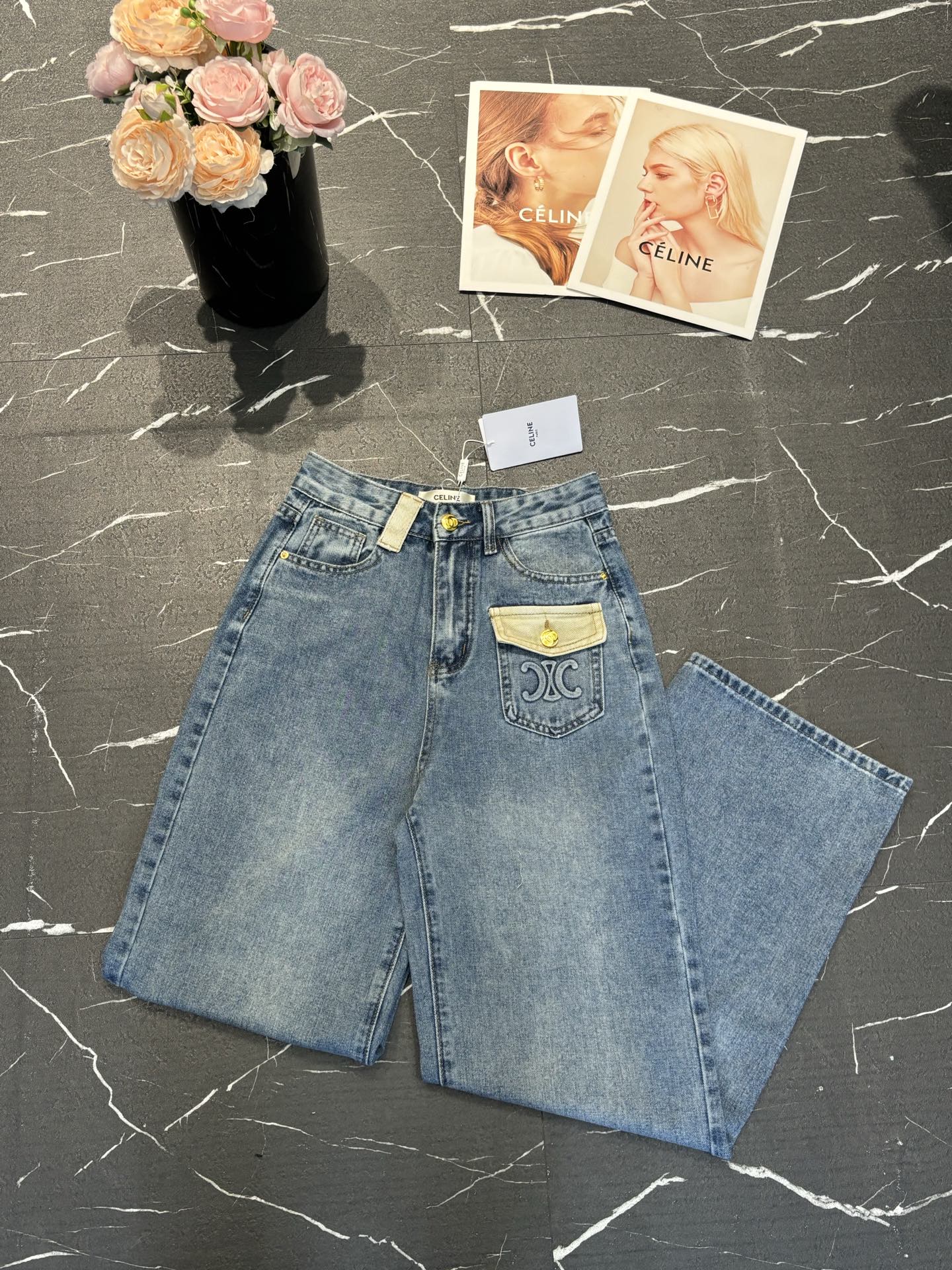 Celine Style Contrast Flap Pocket Denim Pants