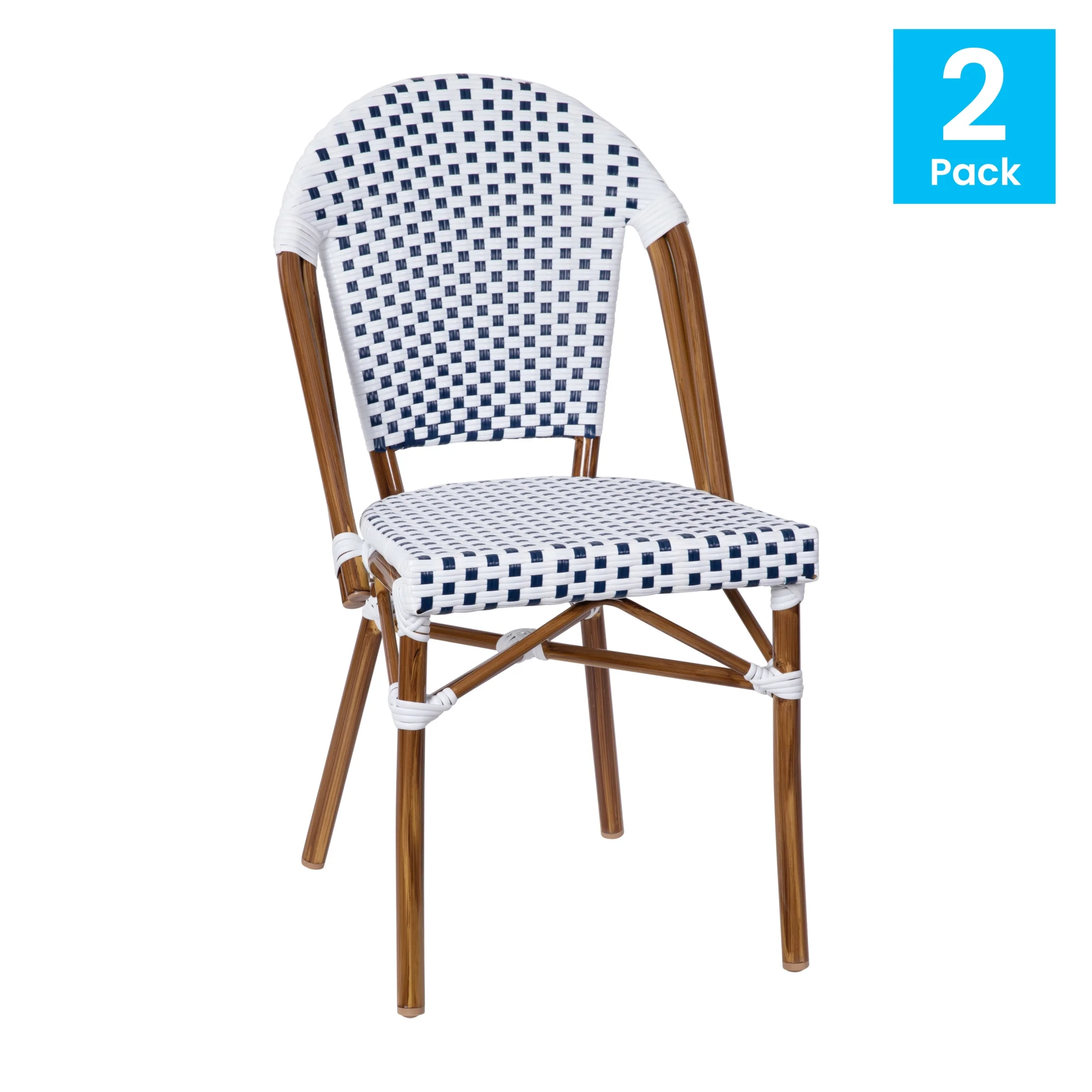 Flash Furniture Lourdes Set of 2 Indoor/Outdoor Commercial Bistro Stacking Chair, White/Navy PE Rattan Back and Seat, Bamboo Print Aluminum Frame in Natural