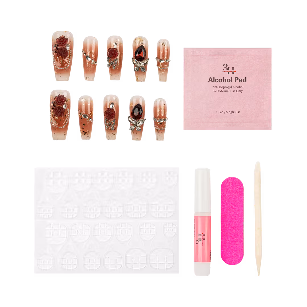 3H Nails  Crimson Rose Long Square Press-On Nails