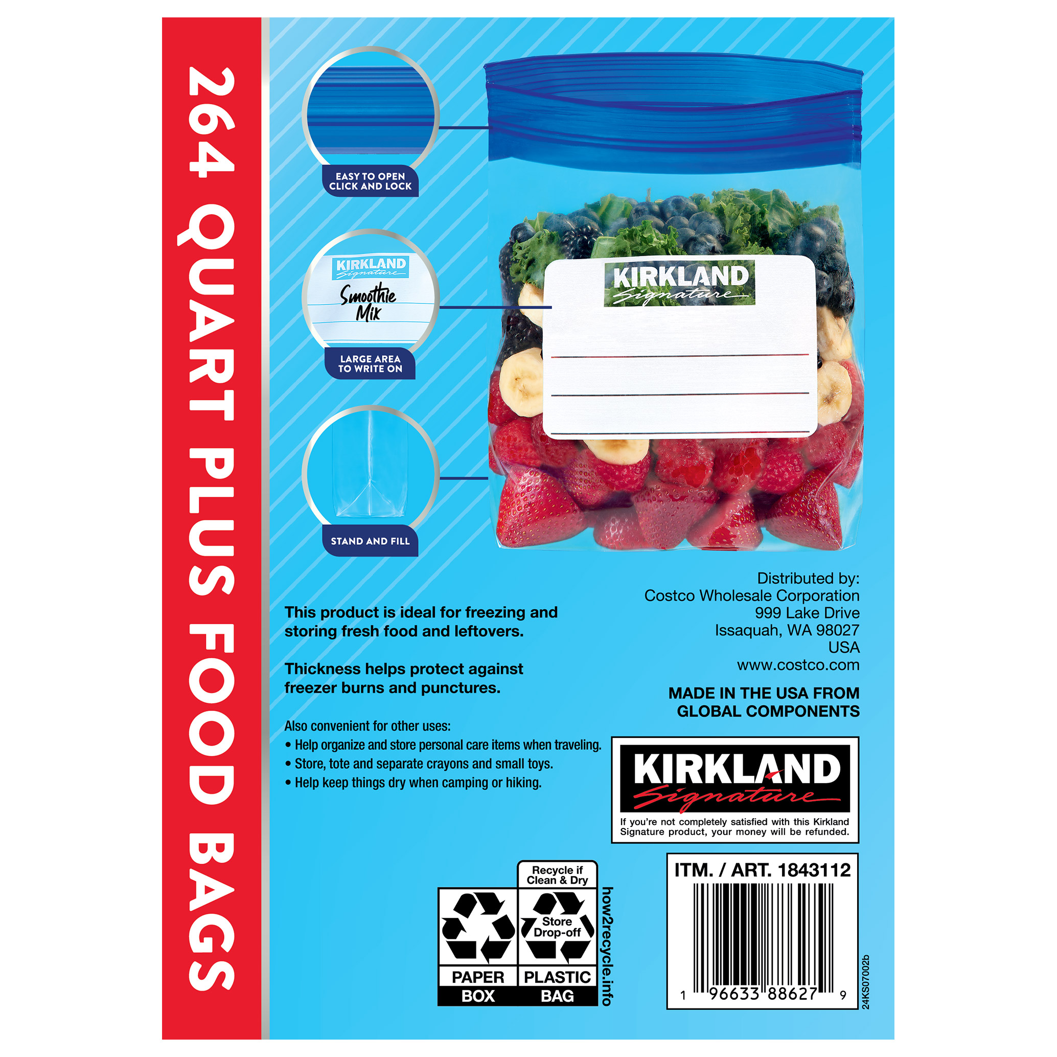 Kirkland Signature Freezer Quart Plus Bags, 264-count
