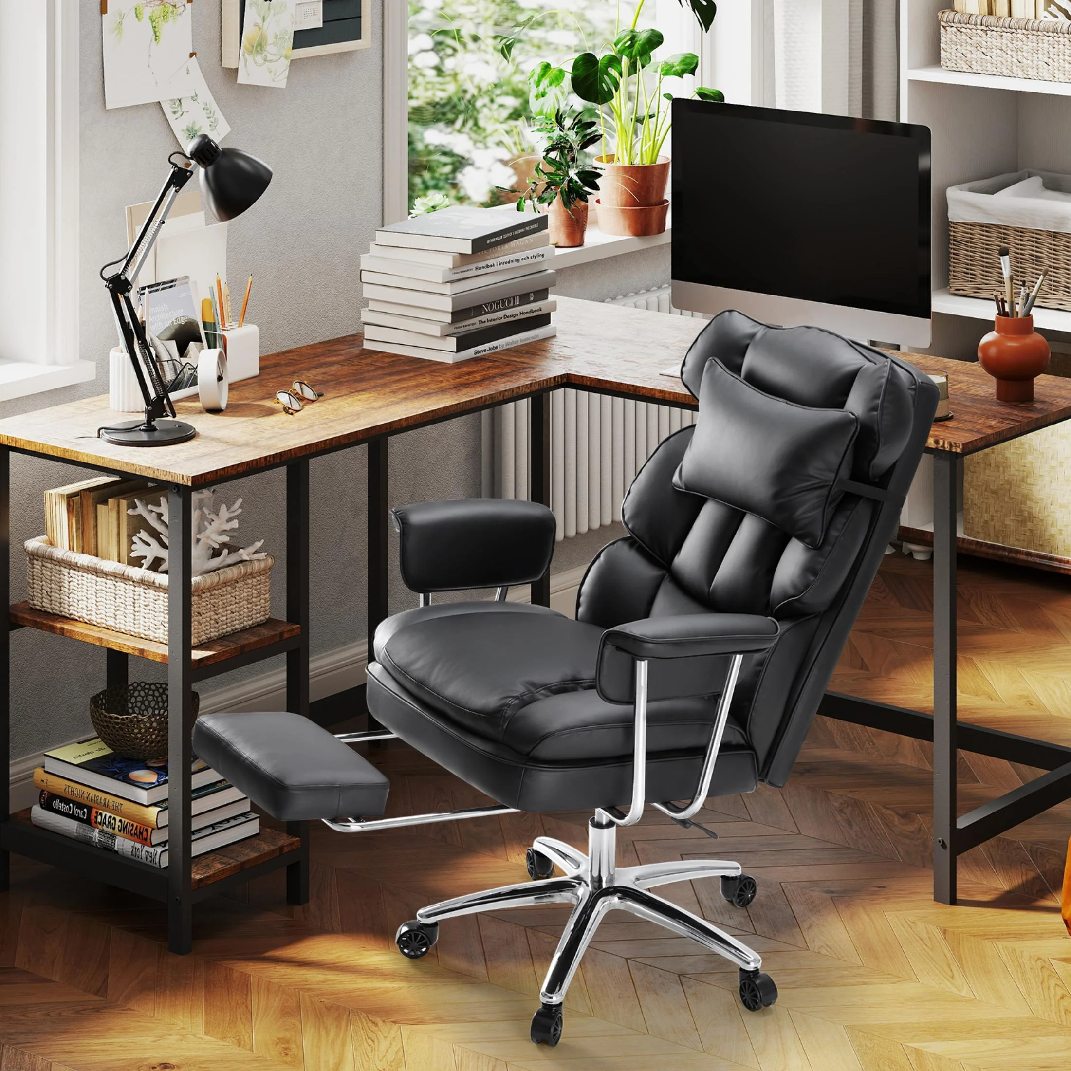 edx Executive Home Office Desk Chair, Ergonomic Big Tall High Back with Footrest & Lumbar Support, Reclining Comfy PU Leather Computer Gaming Chair with Swivel Wheels, Height Adjustable, Black