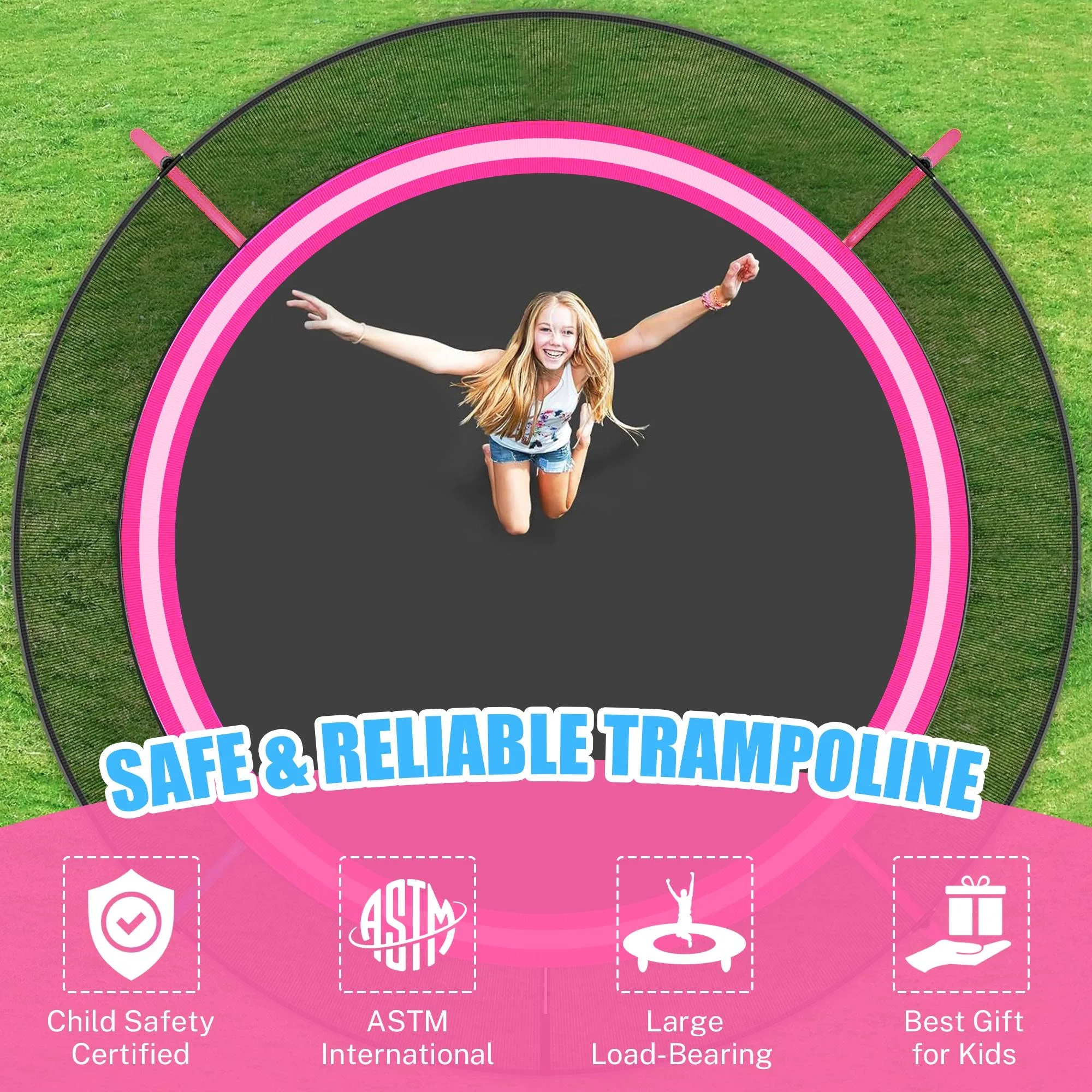 Trampoline Outdoor, 14FT Kids Trampoline with Enclosure Net and Ladder, Upgrade All-Weather Round Trampoline Curved Design with 5 Heavy-Duty Steel Legs