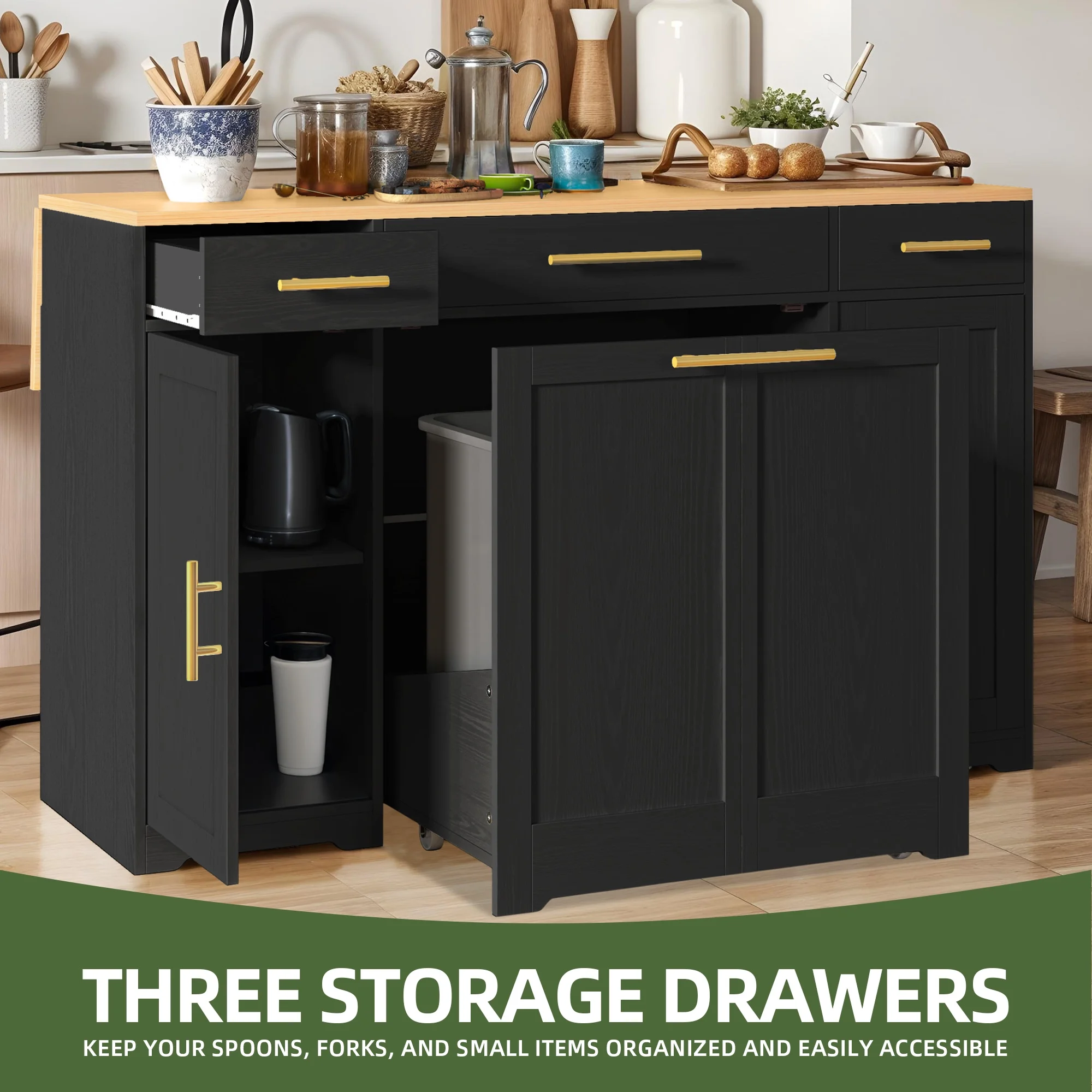 Uforic Kitchen Island with Drop Leaf & Wheels, Island Table with Trash Storage Cabinet, Black
