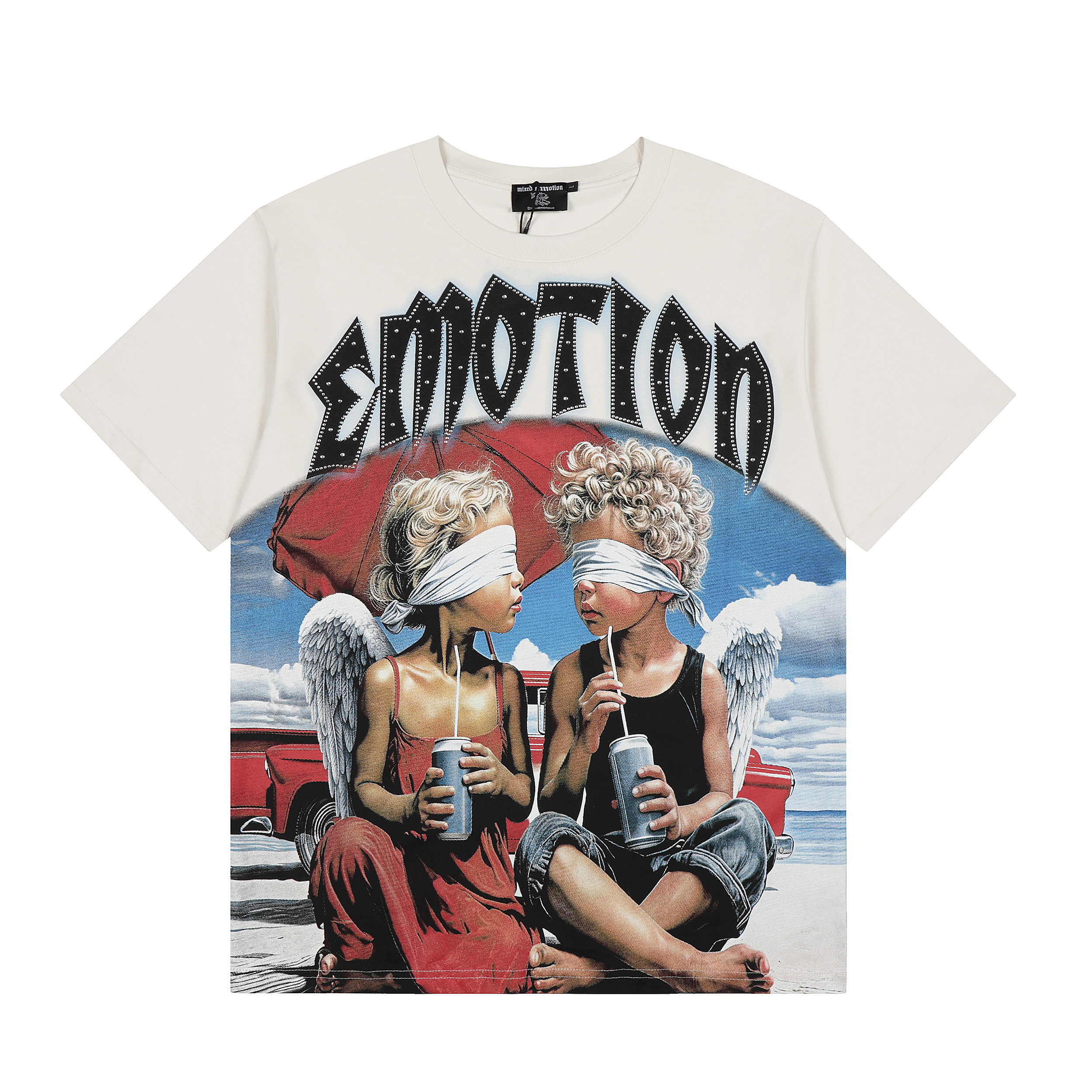 European and American vintage blonde little angel print short-sleeved shirt