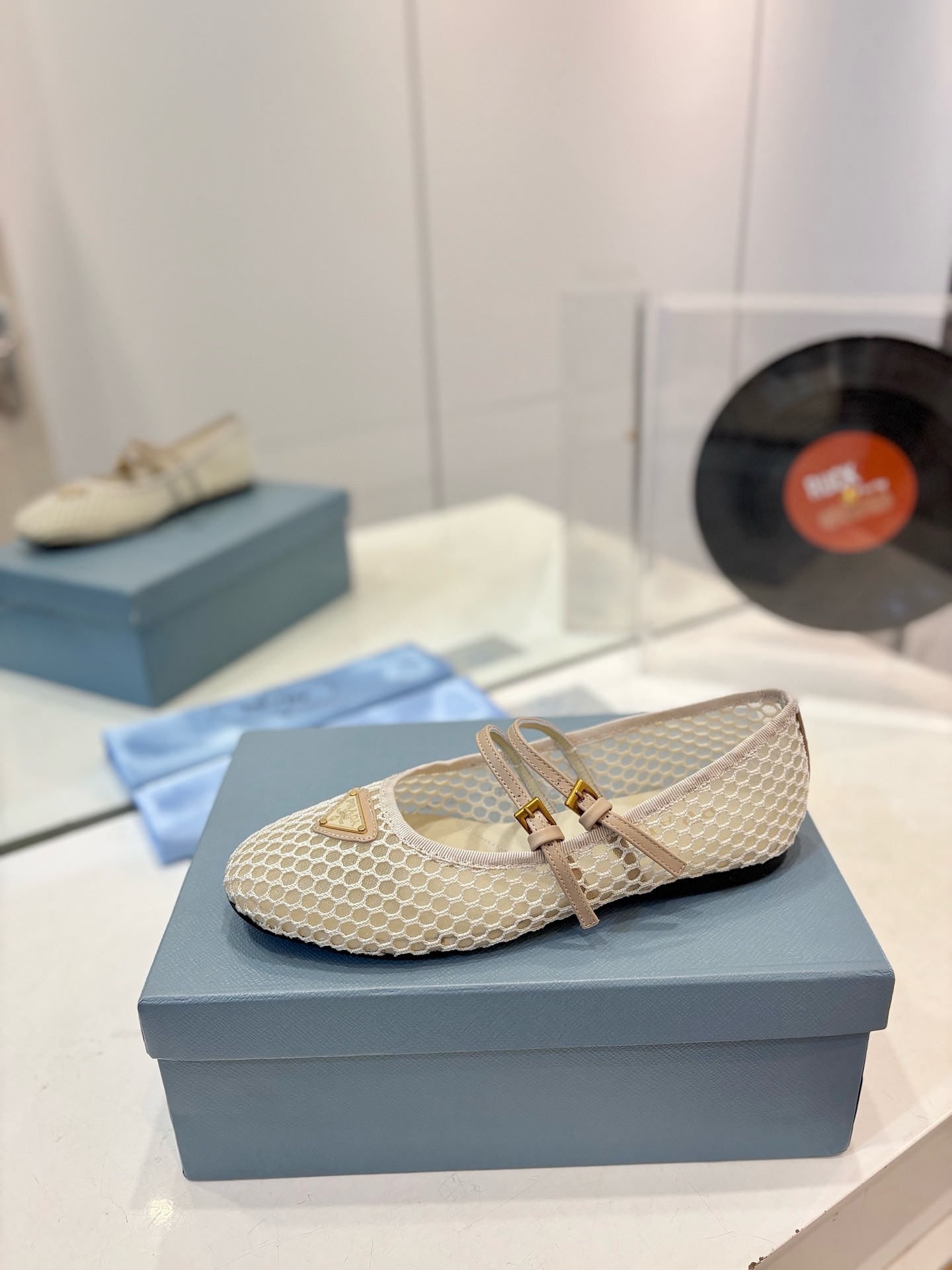 Prada Macramé mesh Mary Jane flats