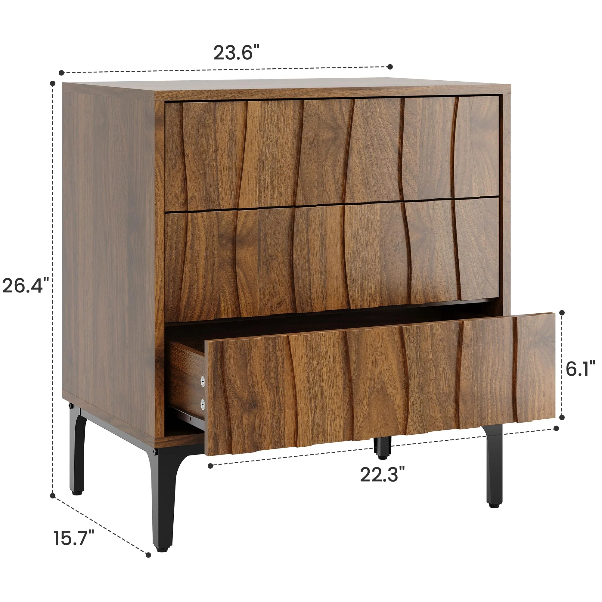 Mid-Century Modern Nightstand with 3 Drawers, 24" Walnut Bedside Table with Sculpted Wave Fronts for Bedroom or Living Room