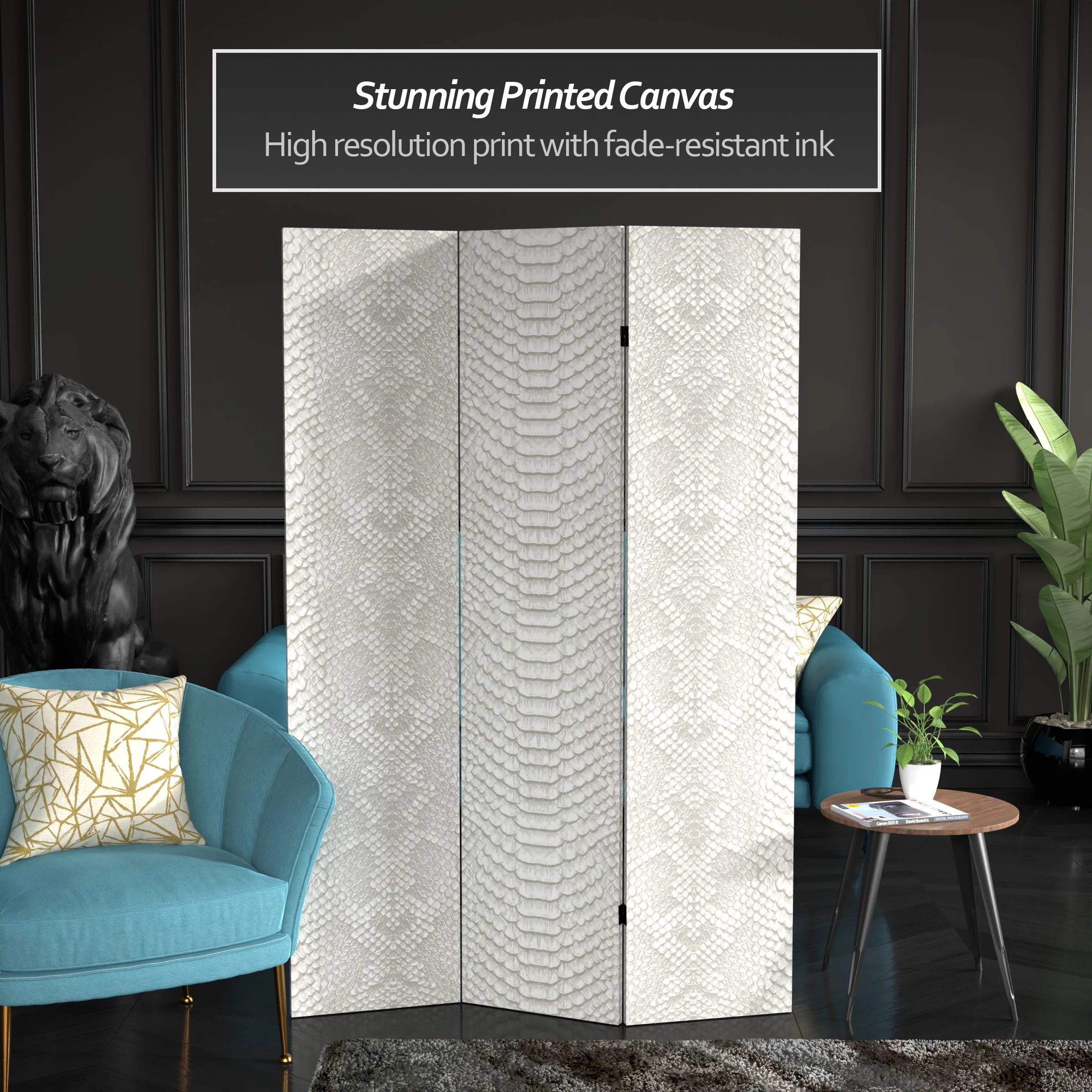 Oriental Furniture 6 ft. Tall White Snake Print Canvas Room Divider - 3 Panel