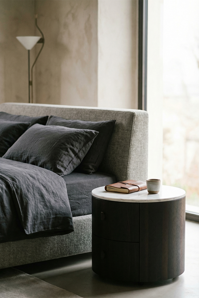 Italian minimalism, circular bedside table, natural marble, modern style, solid wood bedside cabinet, bedroom storage, storage cabinet