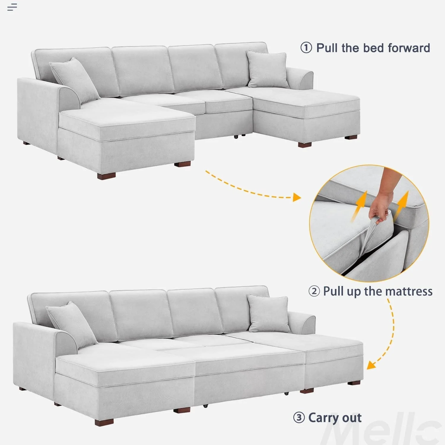 Hommow U-Shaped Sectional Sofa with Pull-Out Bed, Upholstered Modular Couch with Storage, Gray