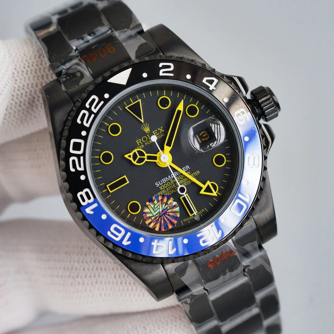 Rolex Watch GMT-MASTER II CUSTOM BLACK BATMAN BEZEL YELLOW NUMERALS