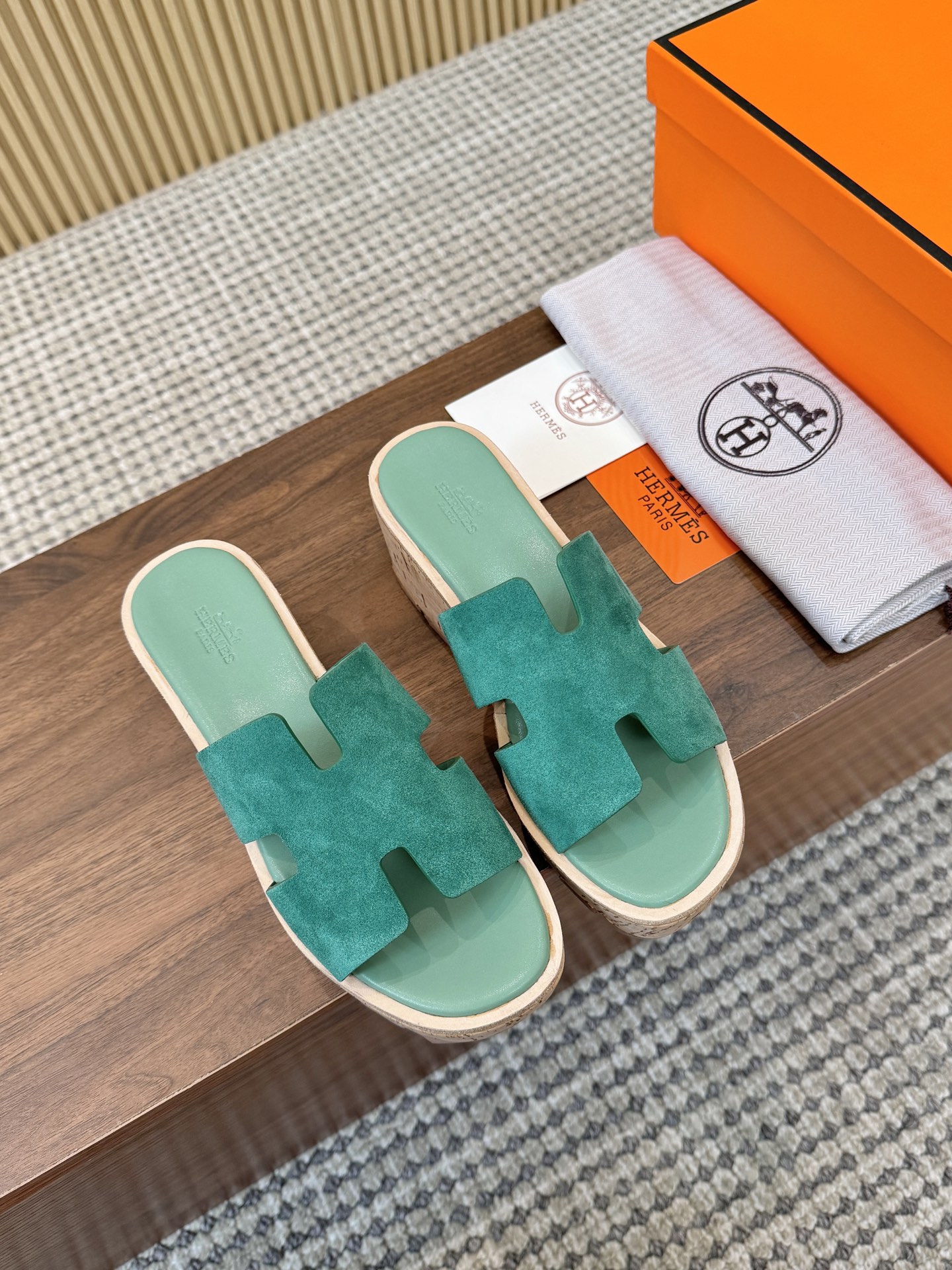 Hermes Green Suede Leather H-Cutout Cork Sole Slide Sandal
