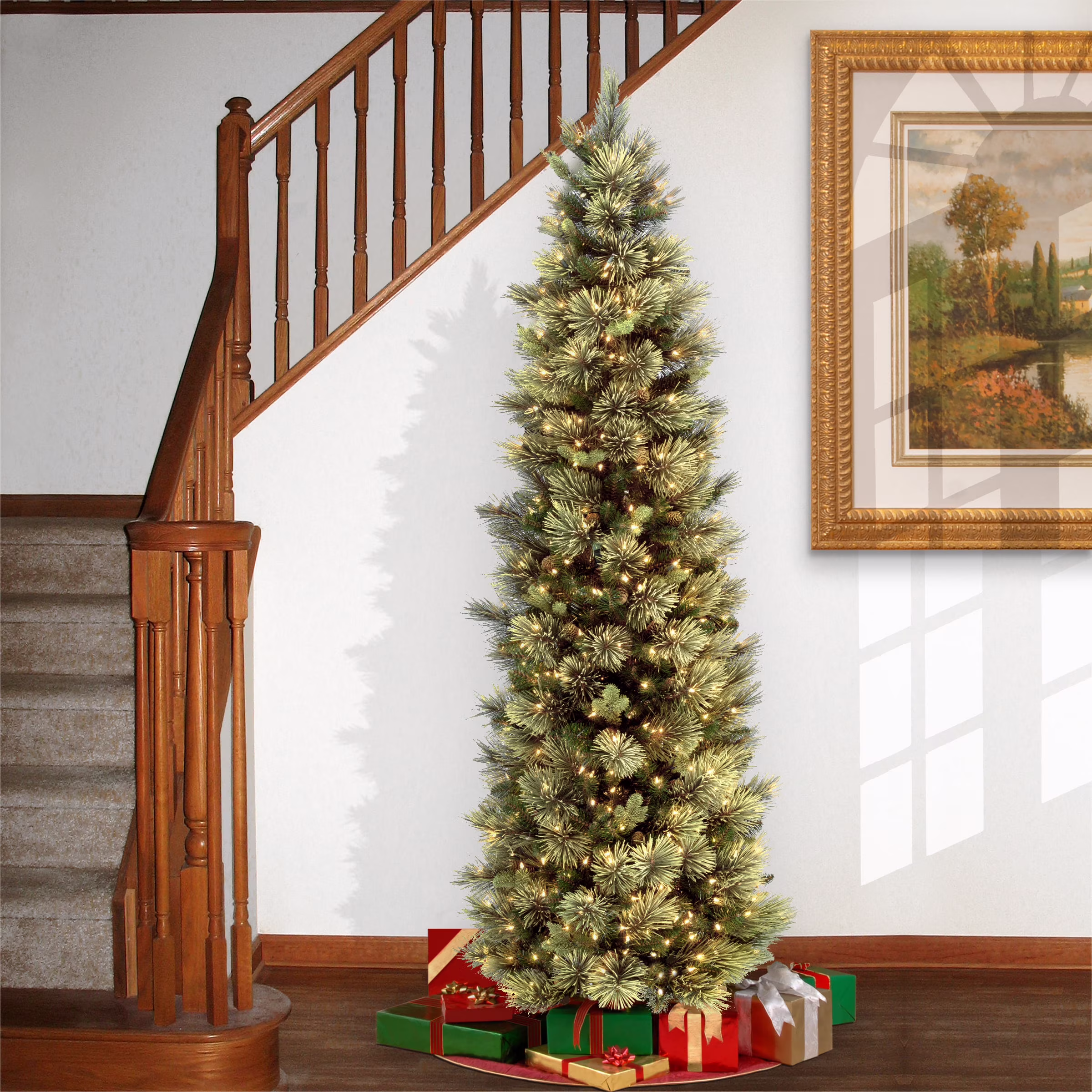 9 ft Pre-Lit Carolina Pine Slim Artificial Christmas Tree with 800 Clear Lights, Slim Profile