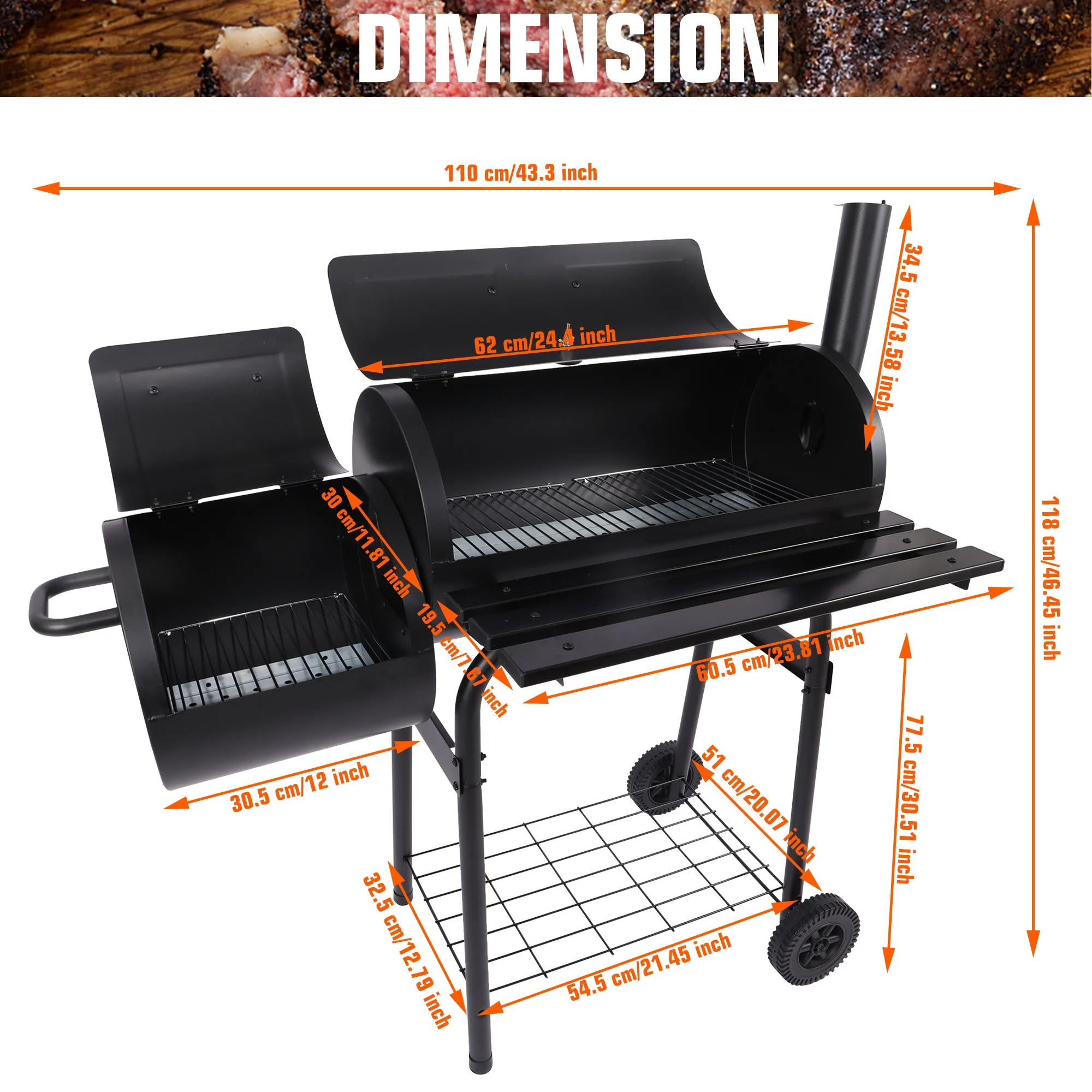 Charcoal Grill with Offset Smoker, Camping Barbecue Grill with Side Fire Box for Outdoor BBQ Smoking/Backyard Party Grilling, Dual Chamber Design