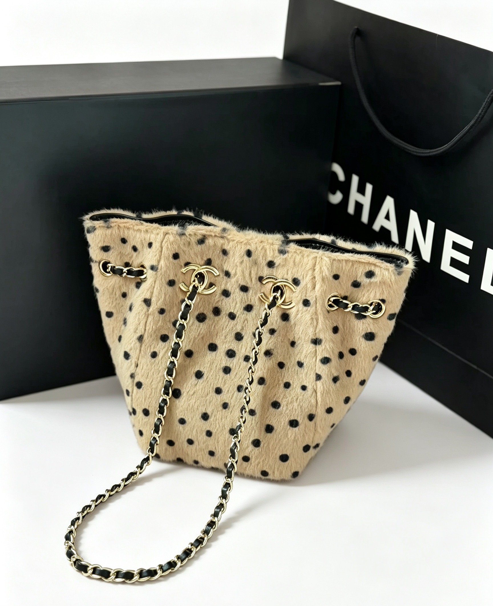 Chanel Style Polka Dot Shearling Bucket Bag