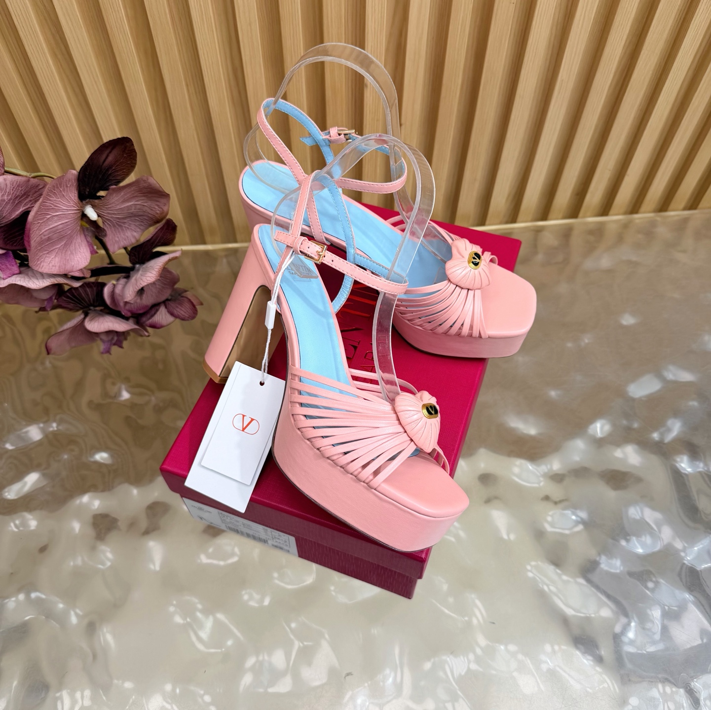 Valentino Garavani Pink VLogo Crystal Brooch Satin Multi Straps Platform Square Toe Chunky Heel Sandals