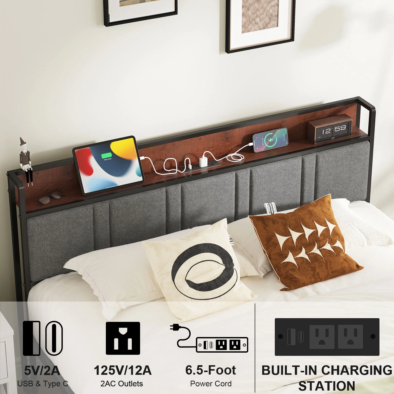 NISIEN Queen Bed Frame, Platform Bed Queen Size with Charging Station and Storage Upholstered Headboard, Gray