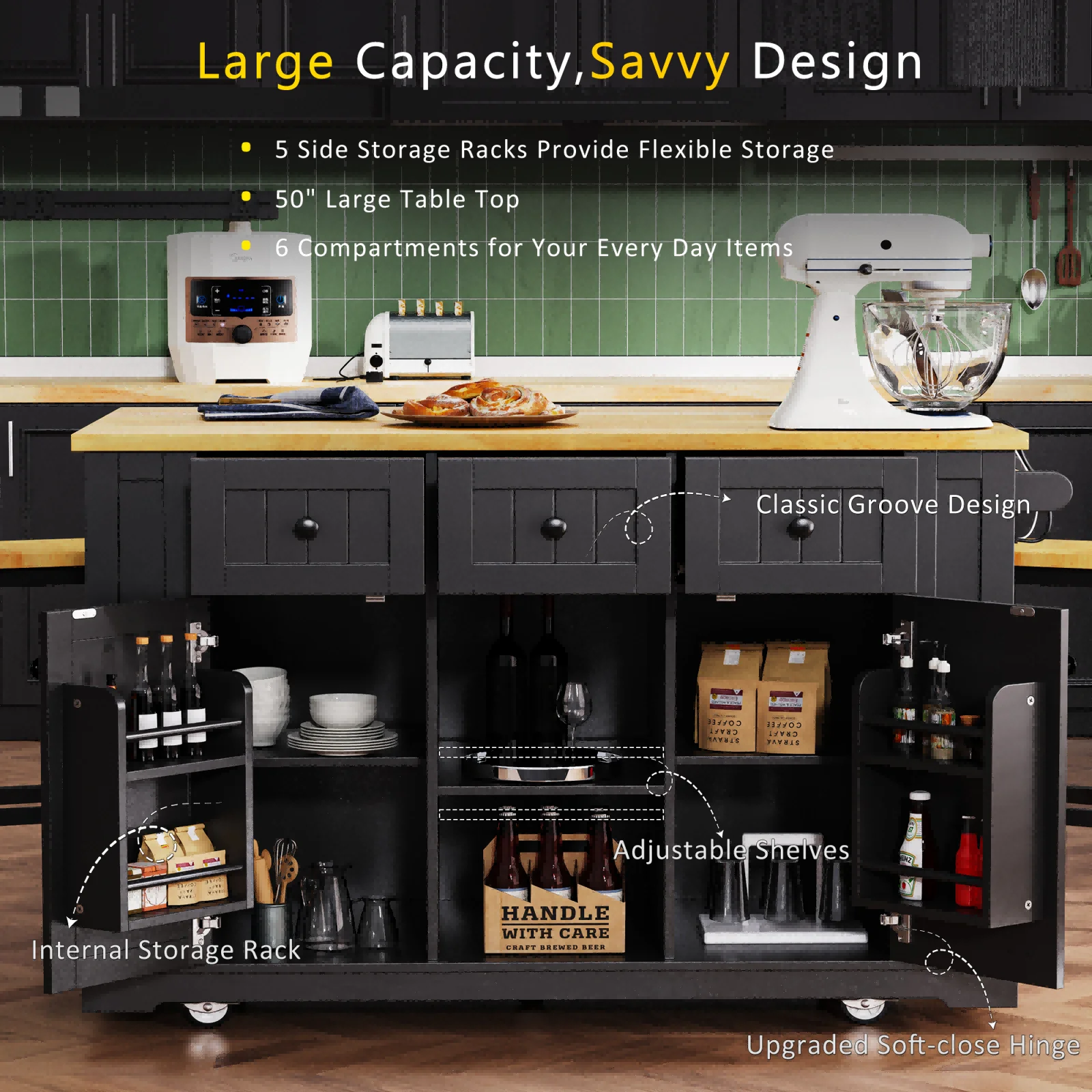 Kitchen Island with Storage, Moveable Kitchen Island with Power Outlet and Drop Leaf, Portable Kitchen Carts with Drawers and Shelves for Dinning Room