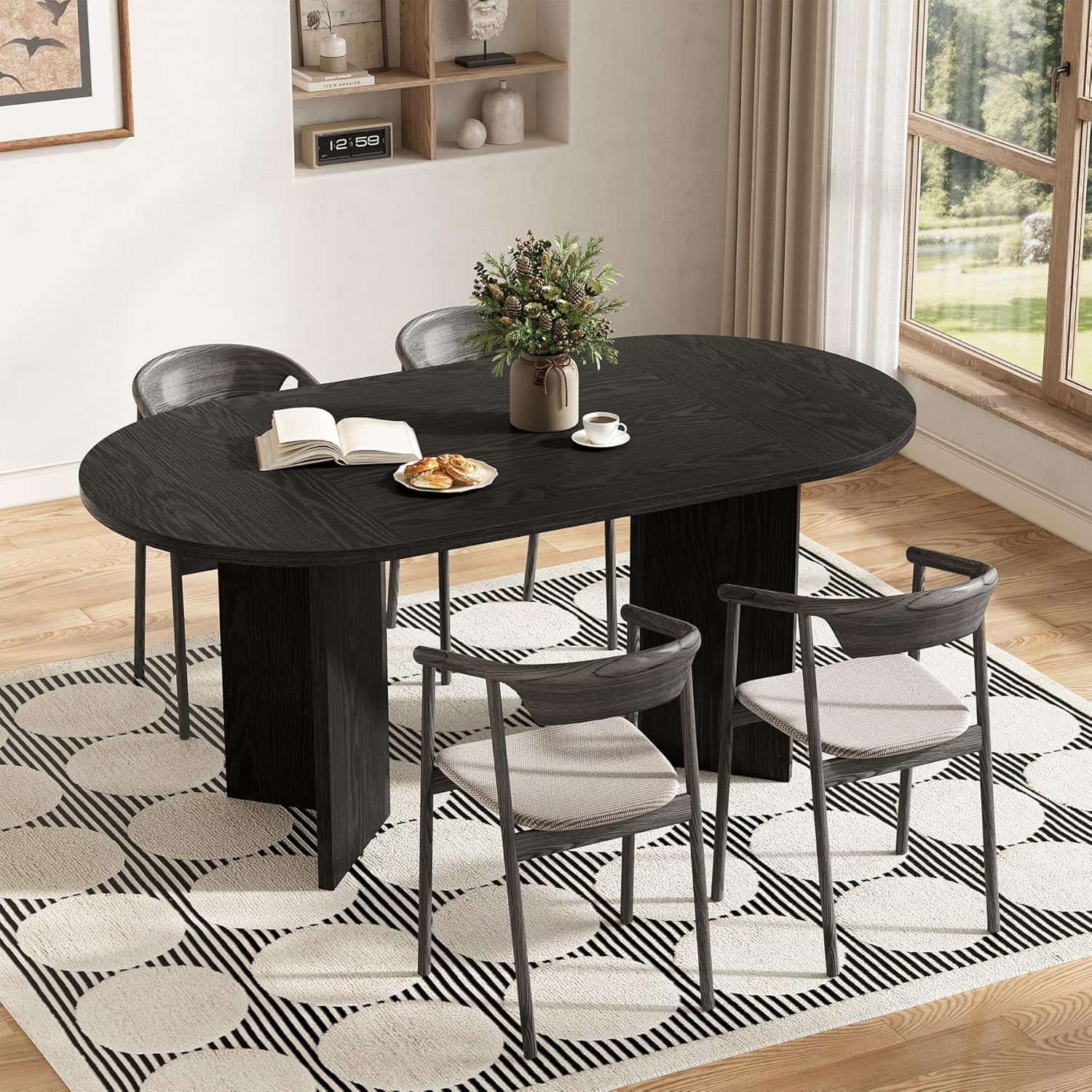 Fimind 63" Oval Dining Table for 4-6, Rustic Farmhouse Kitchen Table with Sturdy MDF Top & Metal Base, Modern Dining Room Table for Living Room, Office, Restaurant, Black