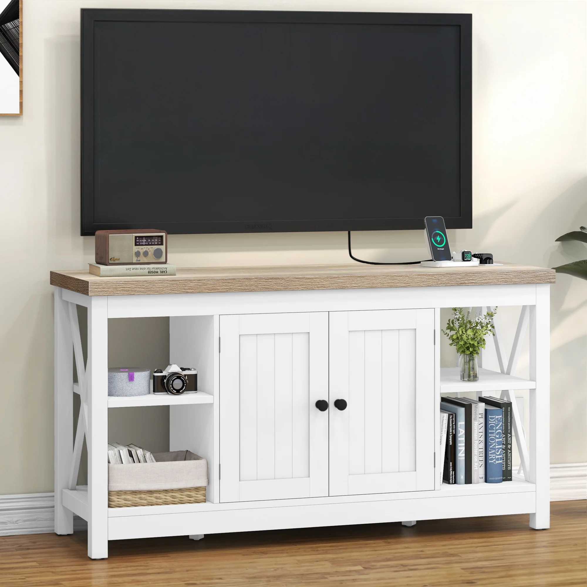 Uforic Farmhouse TV Stand with Built in Power Outlet for TVs up to 55", Wood TV Media Console, White