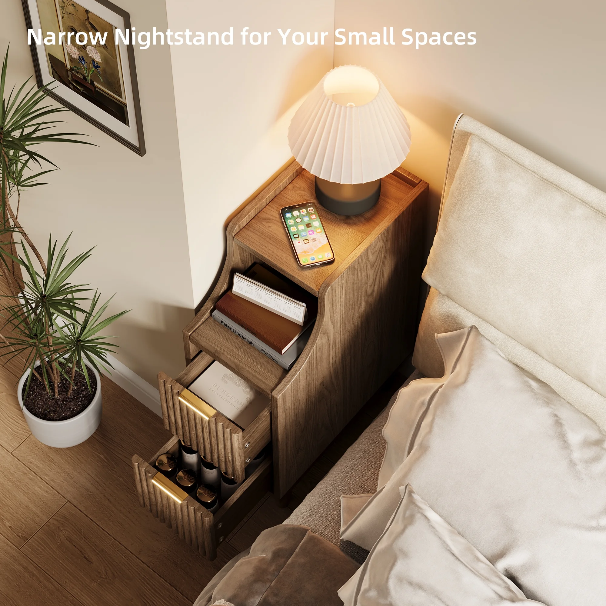 UGTOO 24.4"Tall Walnut Finish 2PC Bedside Table Set with 2 Large Drawers & Top Storage Space Open Shelf, Sturdy Wood Legs, Vintage Cabinet Nightstand for Bedroom with Metal Handle