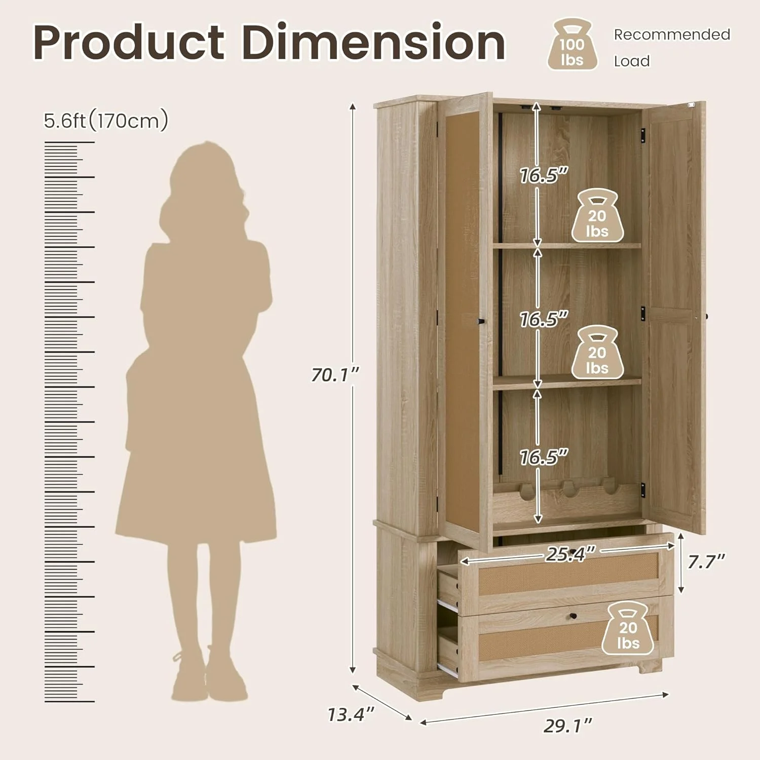 MELLCOM 70" Tall Storage Cabinet with Adjustable Wine Rack, Rattan Pantry Cabinet with Drawers & Shelves, Boho Freestanding Cupboard for Kitchen, Dining Room, Living Room, Natural