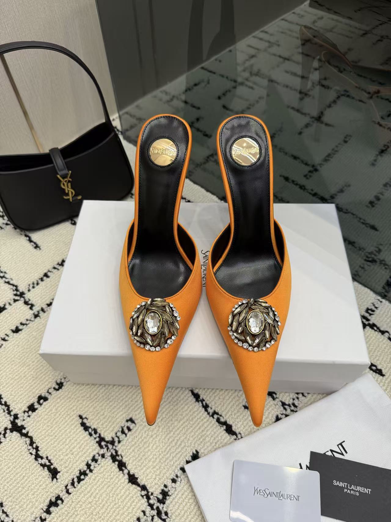YSL Orange Pointed Toe Satin Crystal Brooch Stiletto Heel Mules Sandals