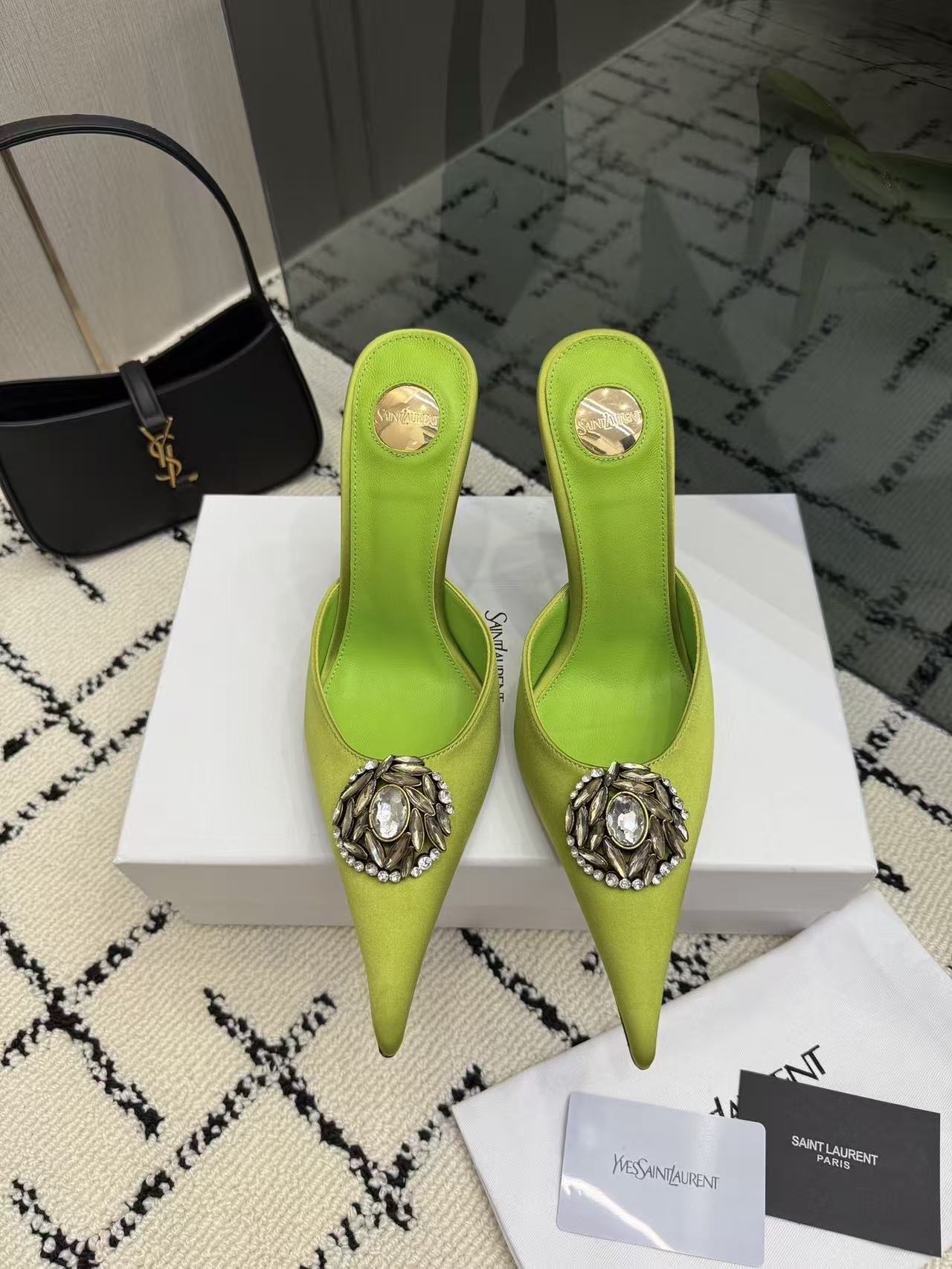 YSL Lime Green Pointed Toe Satin Crystal Brooch Stiletto Heel Mules Sandals