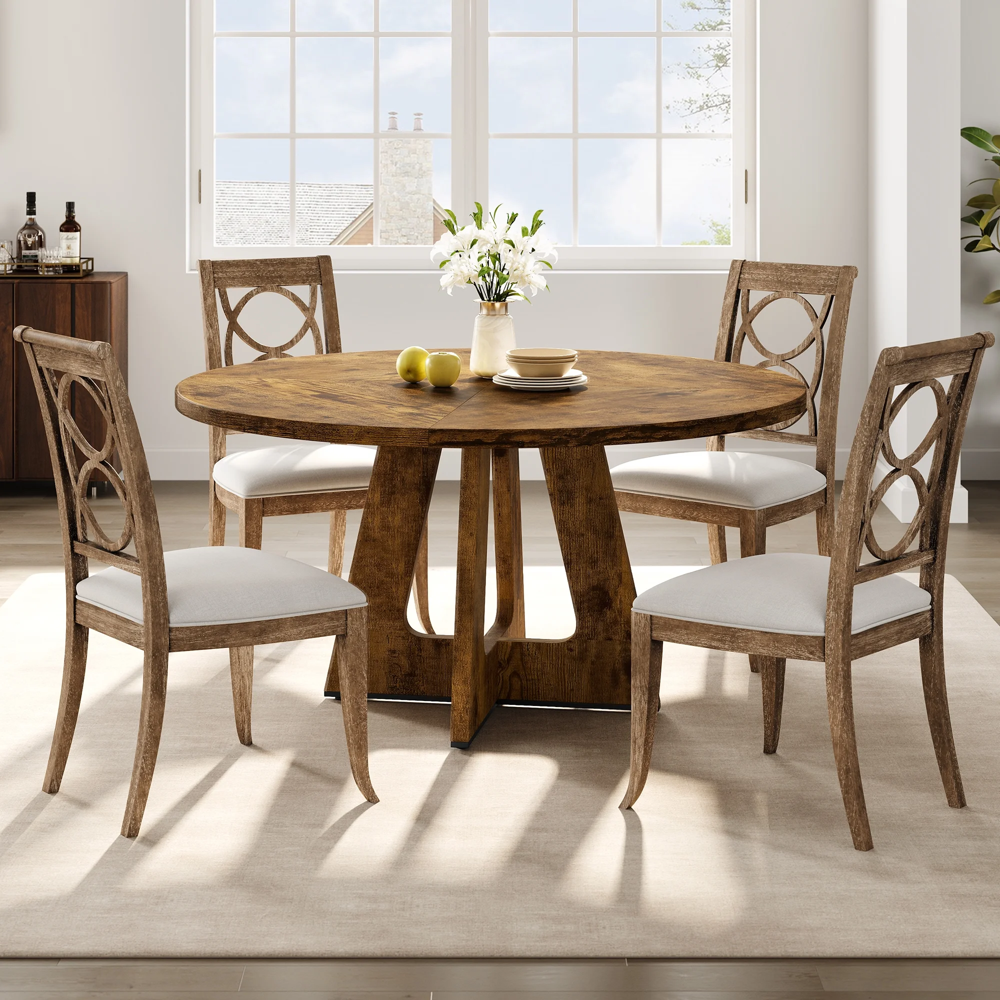 47-Inch Round Large Dining Table, Wooden Kitchen Table Set for 4 to 6, Farmhouse Dinner Table with Wooden Top and Legs for Home Dining Room or Living Room