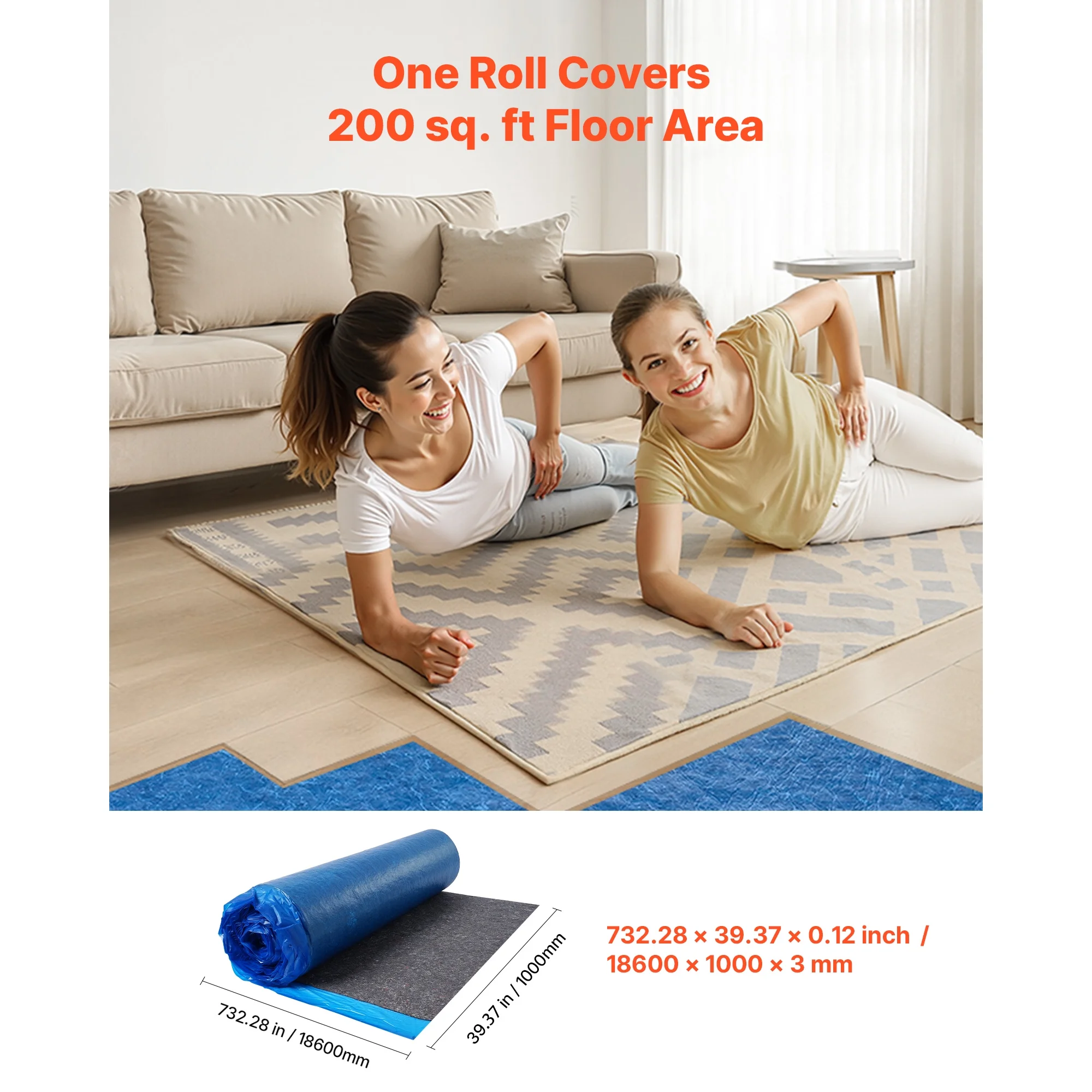 KFFKFF Floor Underlayment 400 sq. ft, 3mm Laminate Flooring Padding with Vapor Barrier, Durable Fiber+PE Film, Noise Reduction & Soundproofing for Vinyl & Wood (2 Rolls x 200 sq. ft)
