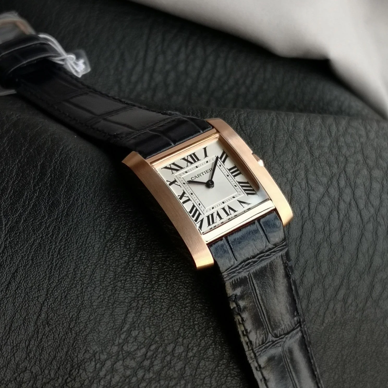 Cartier Watch Tank Francaise Pink Gold Case Black Leather Strap