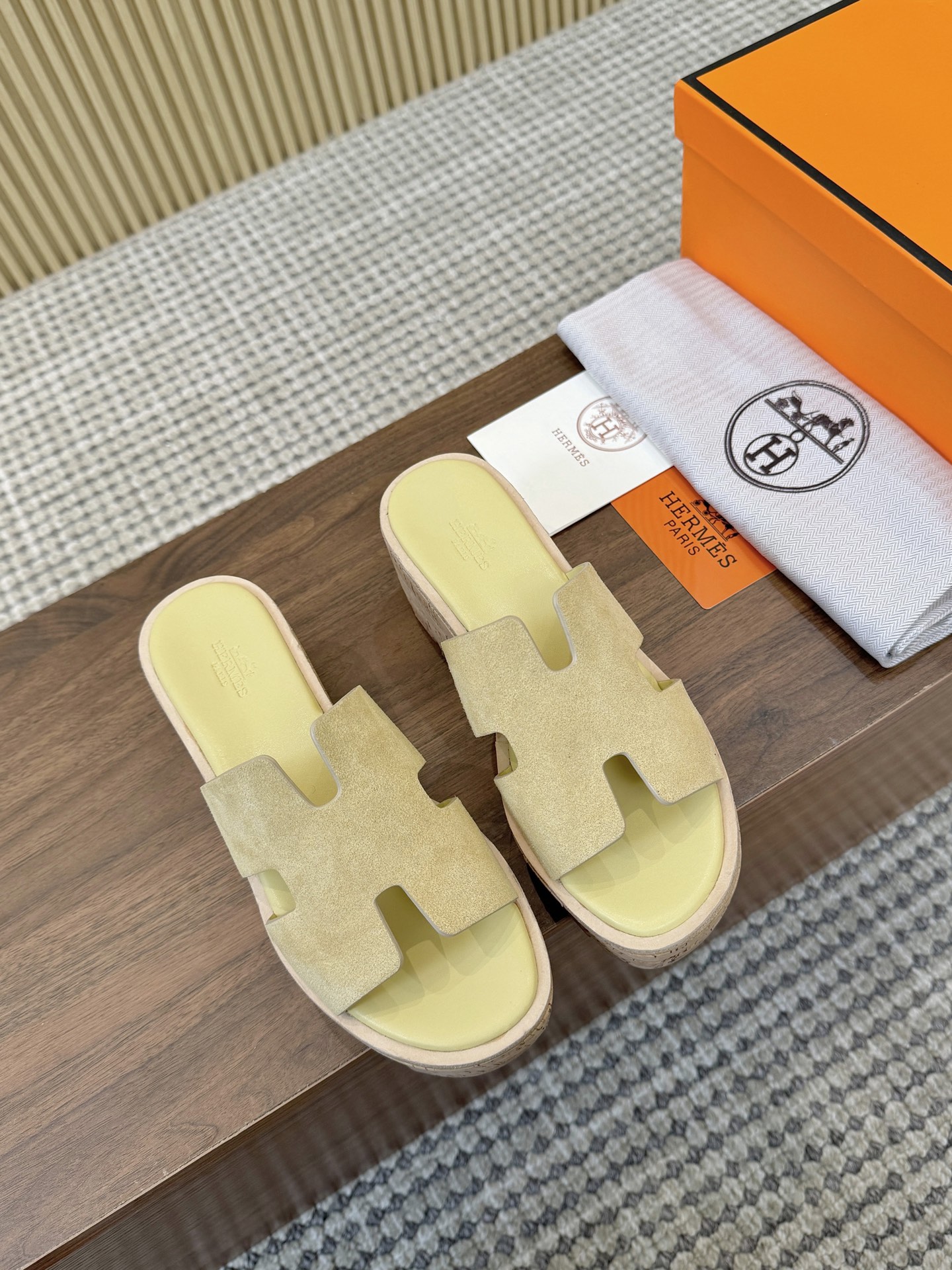 Hermes Beige Suede Leather H-Cutout Cork Sole Slide Sandal