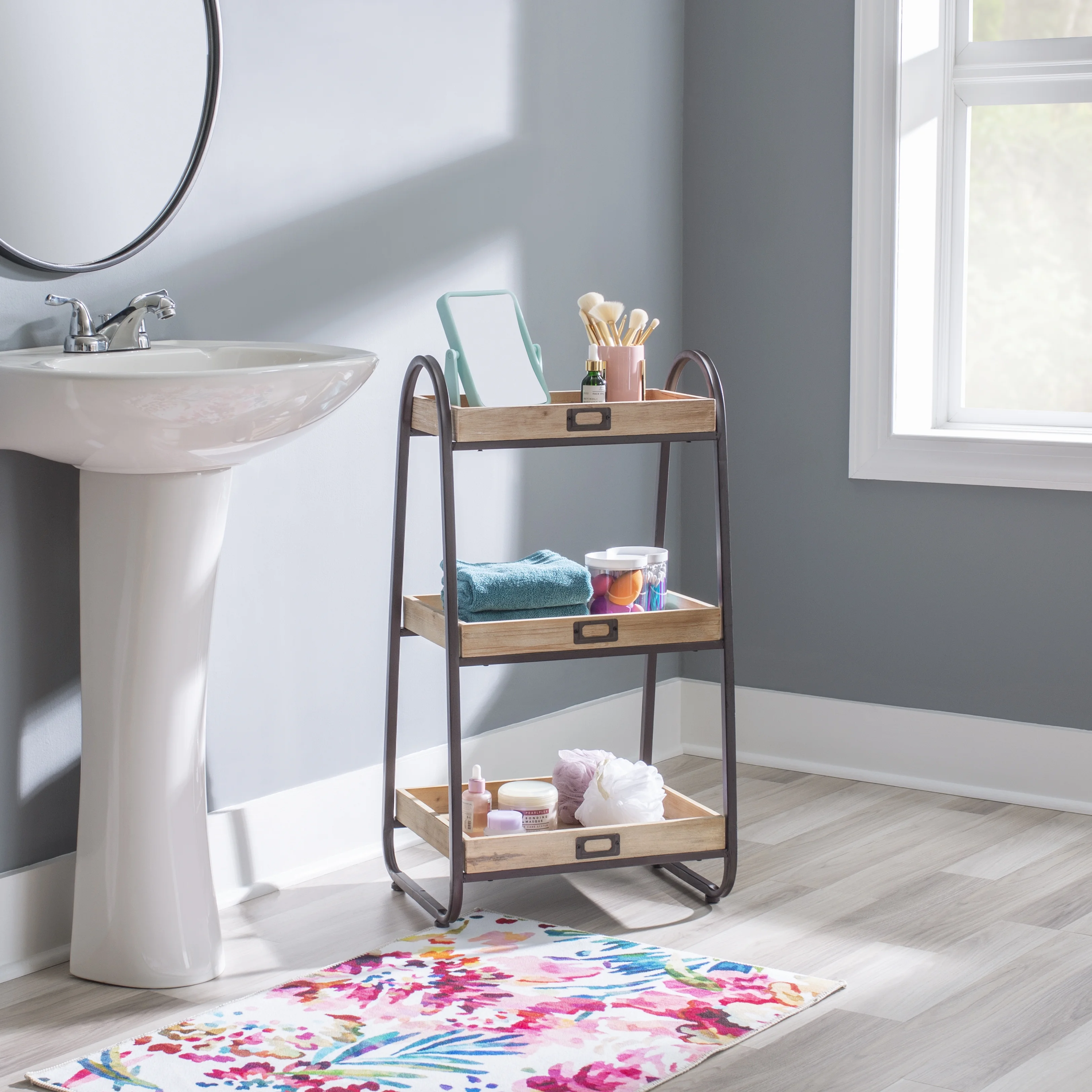 Linon Three Tiered Bath Stand, Rustic Brown, 32.5 inches Tall