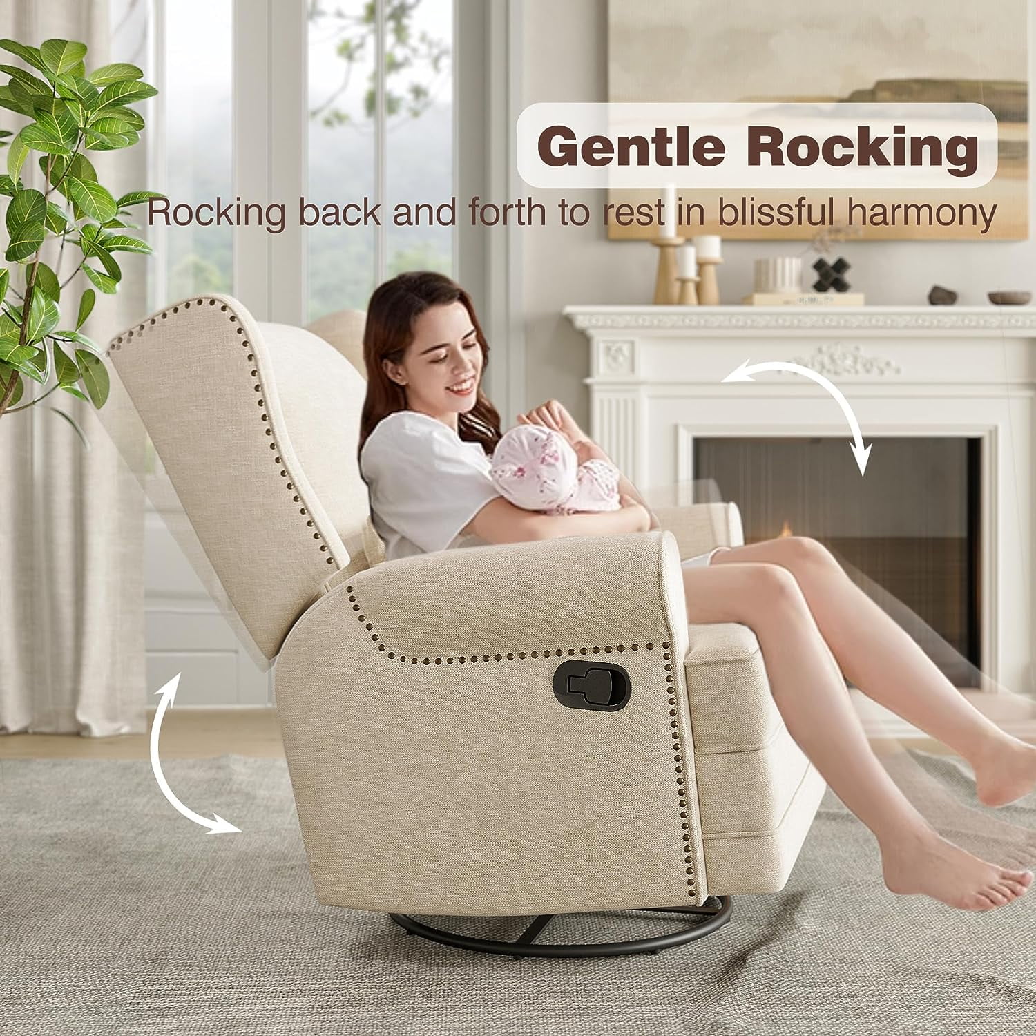 Royalcraft Swivel Nursery Glider Recliner, Comfy Upholstered Glider Chair with Lumbar Pillow and Footrest, Beige